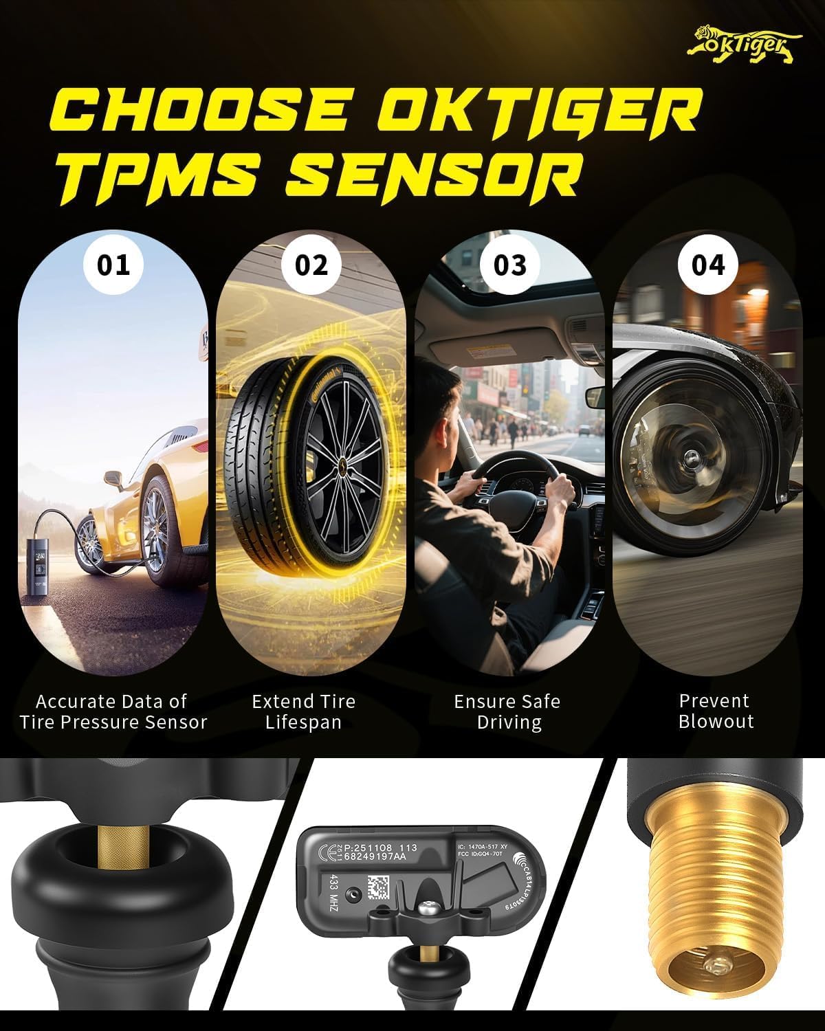 Oktiger 433MHz Pre-Programmed TPMS Sensor Fits for Jeep Cherokee 2014-2021, for RAM 1500 2014-2018/2500 2014-2021/3500 2014-2021, Tire Pressure Sensor OE# 68249197AA