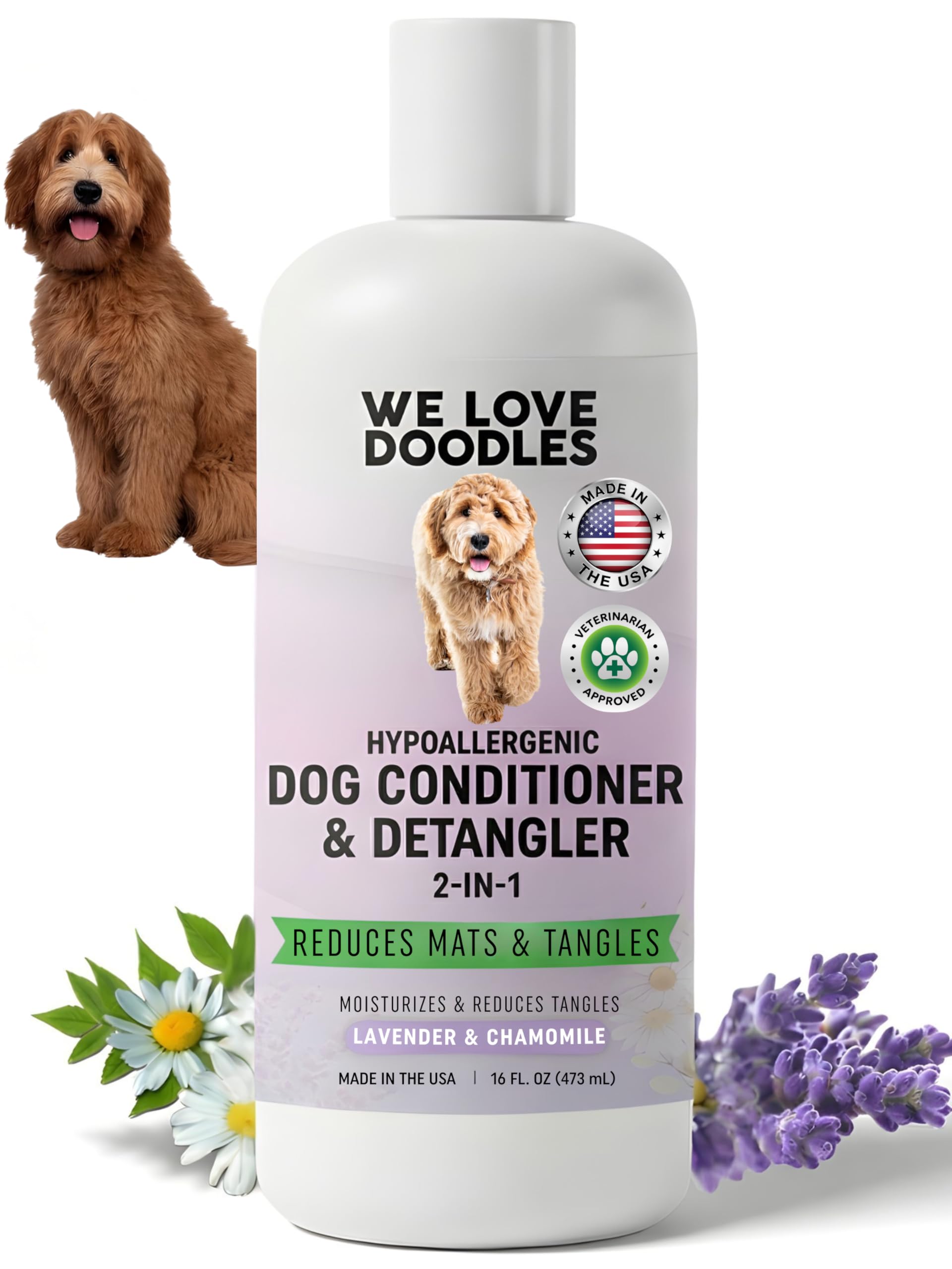 We Love Doodles Dog Conditioner & Detangler, 2-in-1 Conditioner for Allergies & Itching, Lavender and Chamomile, Made in USA, Dog Lotion Treatment, Perfect for Poodles, Doodles & Goldendoodles,16oz