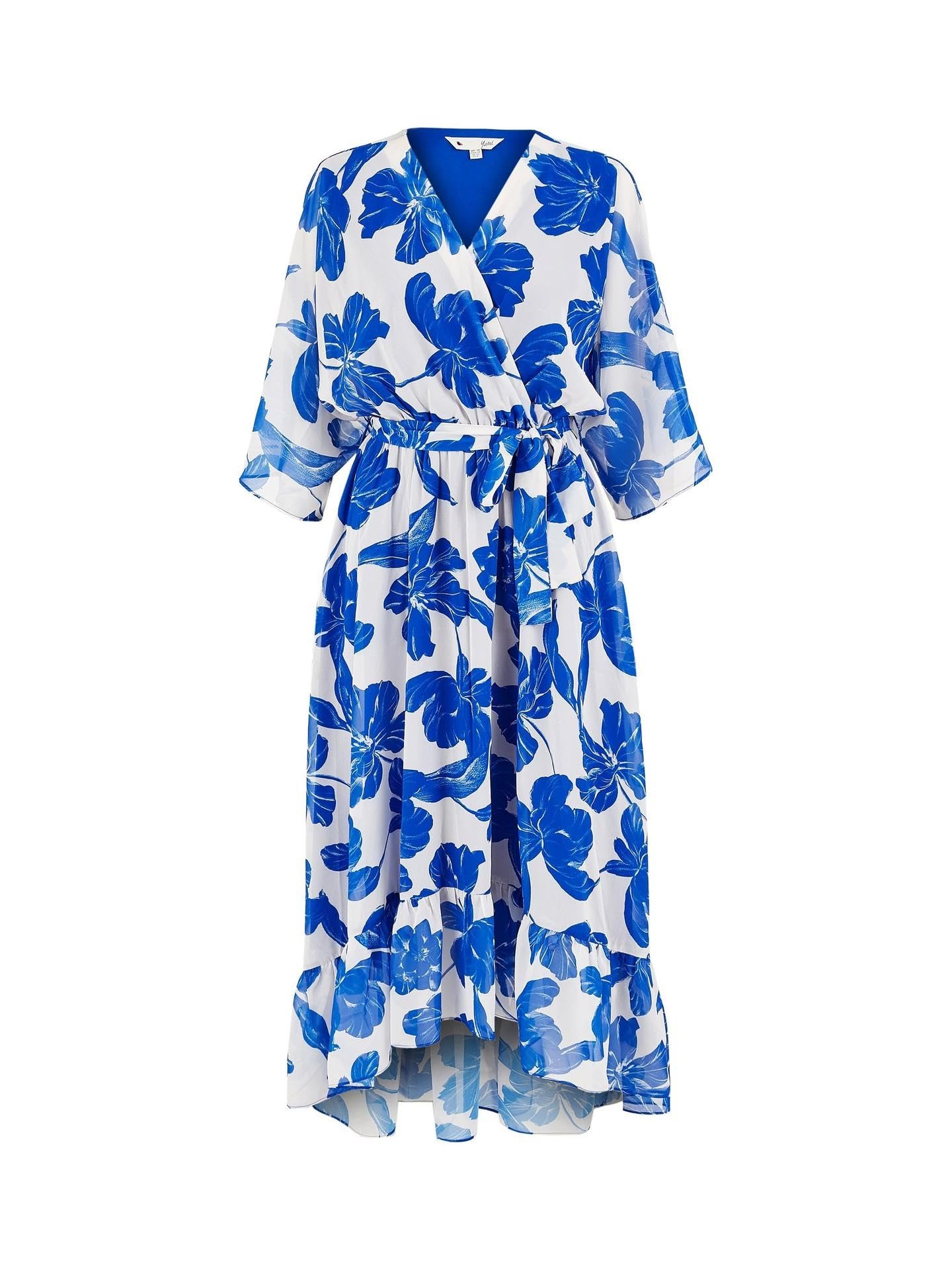 Yumi Women's Blue Navy Kimono Sleeves Midi Dip Hem Wrap Midi Dress In | : Size 14
