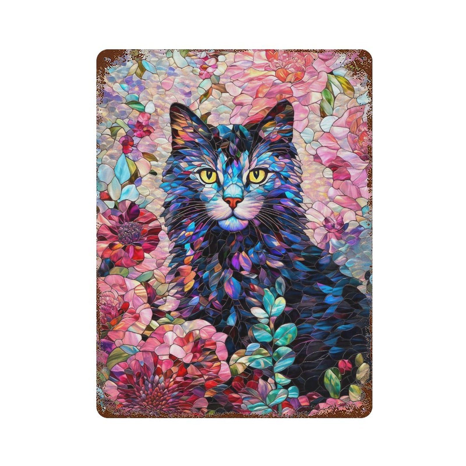 Stained Glass Cat Artwork Rusty Metal Tin Sign 15.7"x11.8", Old School Wall Decor for Garage, Pub Or Kitchen
