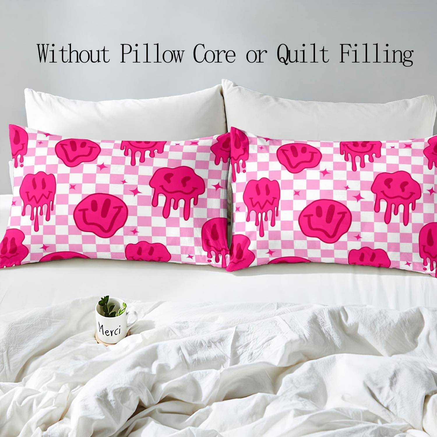 LUVIVIHOME 3PCS Hot Pink Smiley Face Duvet Cover Full Bedding Set, Teen Girl Bedding, Retro Funky Trendy Buffalo Plaid White Pink Checkered Comforter Cover, Preppy Room Decor Aesthetic, 2 Pillow Cases