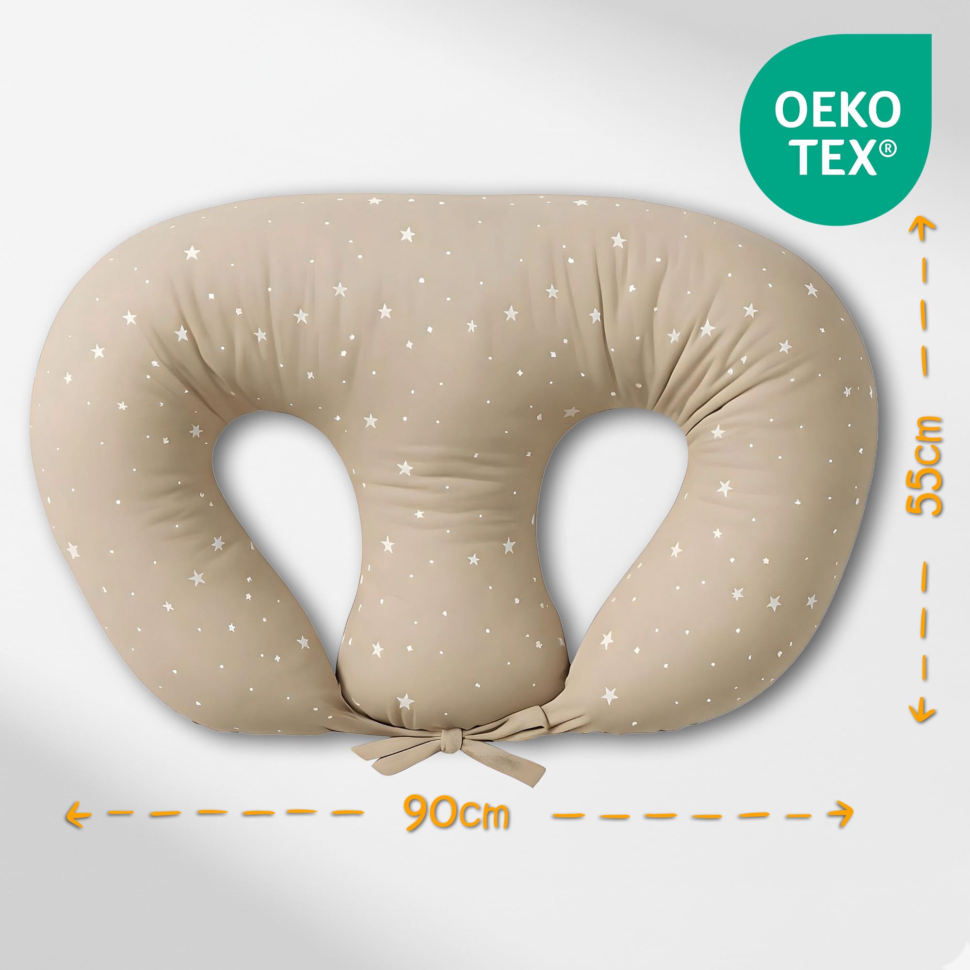 Coussin d’allaitement Jumeaux Twins - 90x50 cm - Oreiller maternité XXL ergonomique Breastfeeding Nursing Pillow bébé positionnement confortable multifonction Oeko-Tex Beige à étoiles blanches