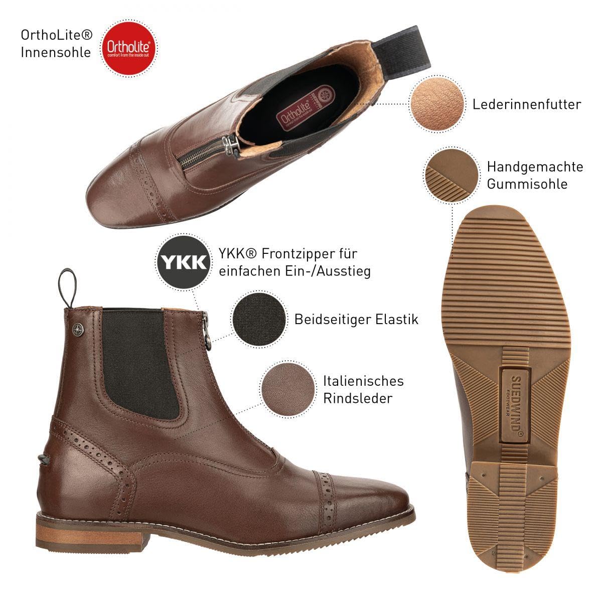 SUEDWIND FOOTWEAR Florentina FZ - Italienisches Rindsleder – Weiches Leder im Innenschuh - Karreeleisten - Einlegsohle - Handarbeit - YKK Zipper vorne