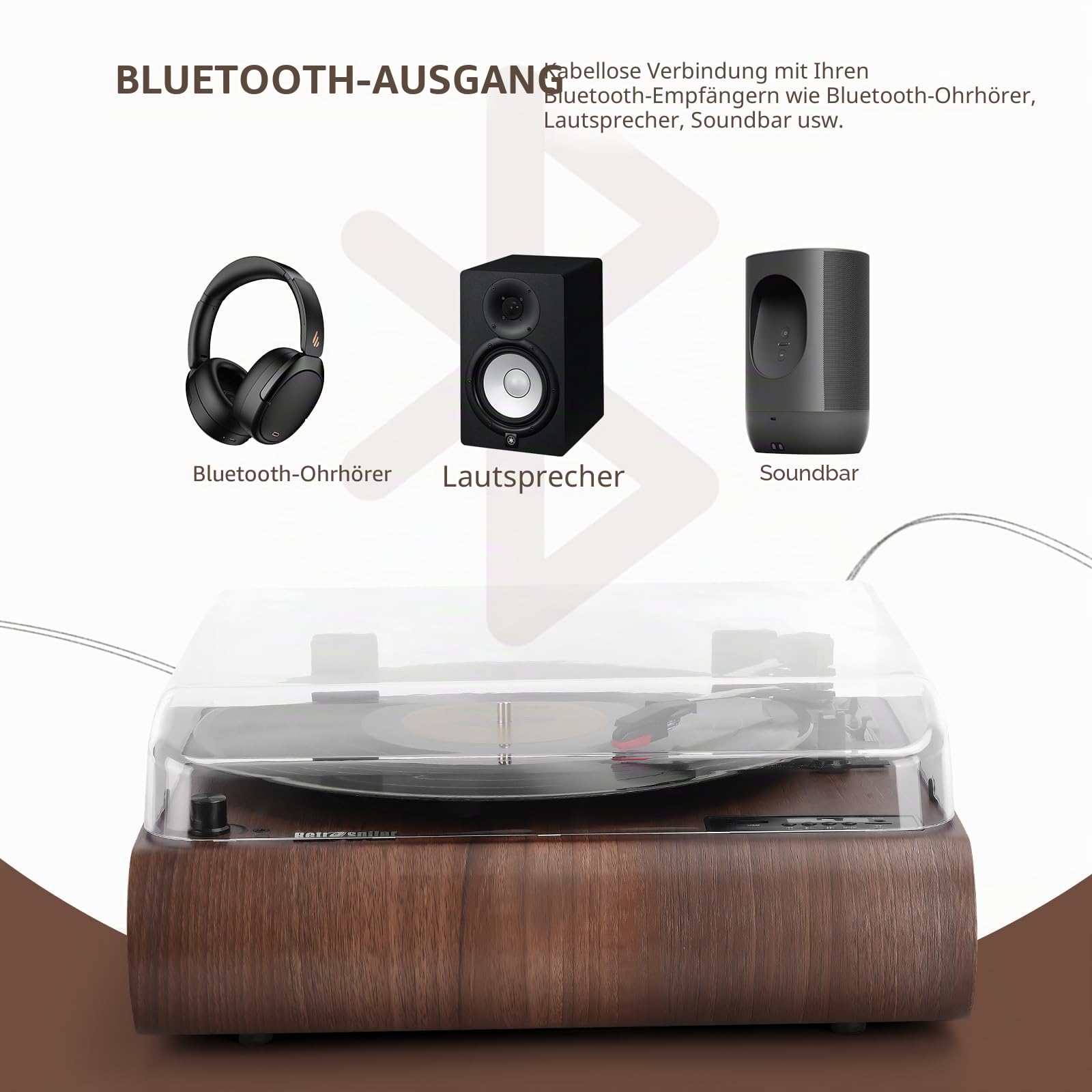 Plattenspieler, 3-Gang-Bluetooth-Plattenspieler mit eingebauten Lautsprechern, FM-Radio, Vinyl-MP3-Codierung, USB- & SD-Wiedergabe, LED-Bildschirm, Holz-Retro-LP-Player