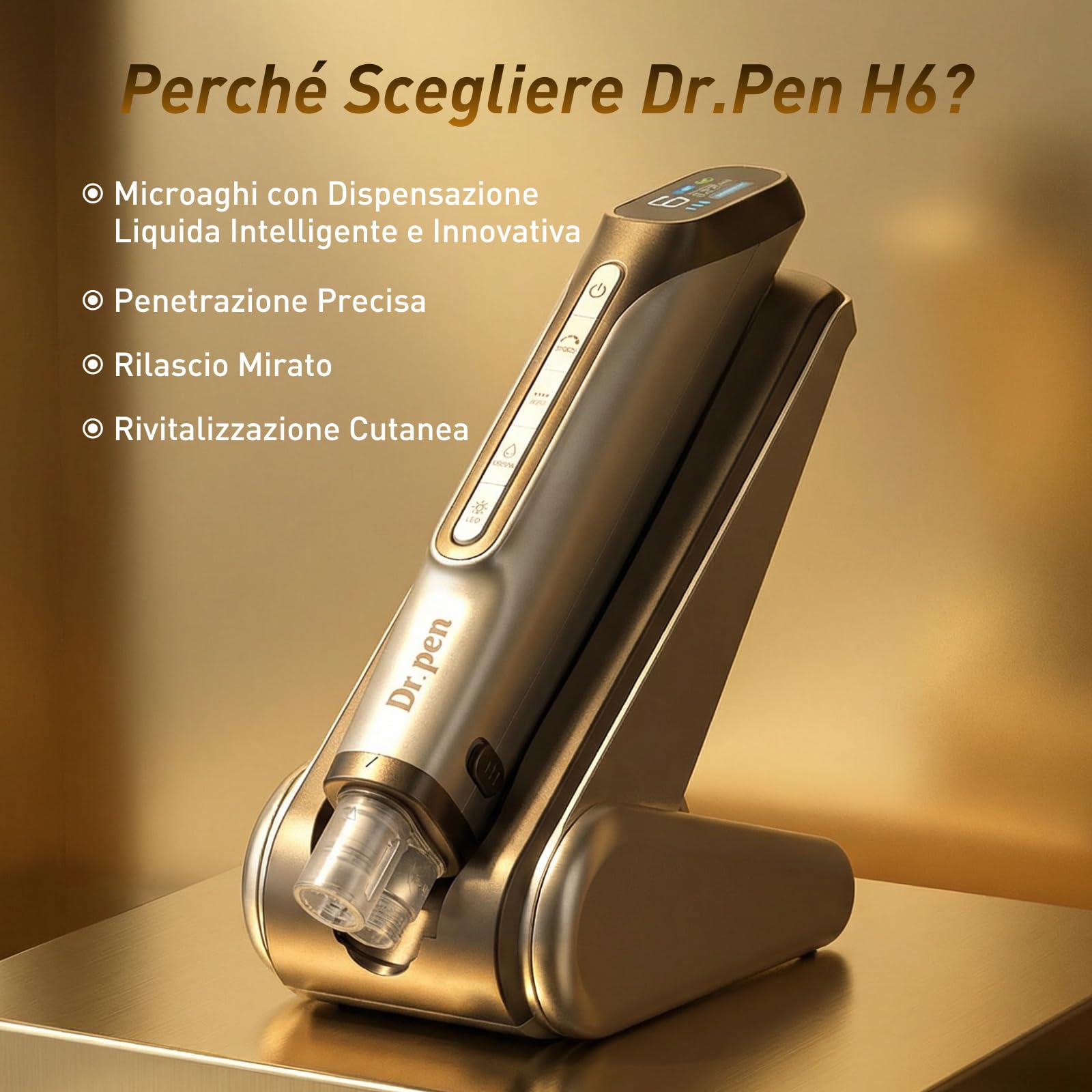 Dr. pen H6 Microneedling Pen – Nuovo Modello 2026 | Regolabile da 0 a 2,0 mm, 6 Velocità, Controllo Chip e Capacità Massima di 1000 mAh, Ideale per Saloni Cosmetici e a Casa (oro)
