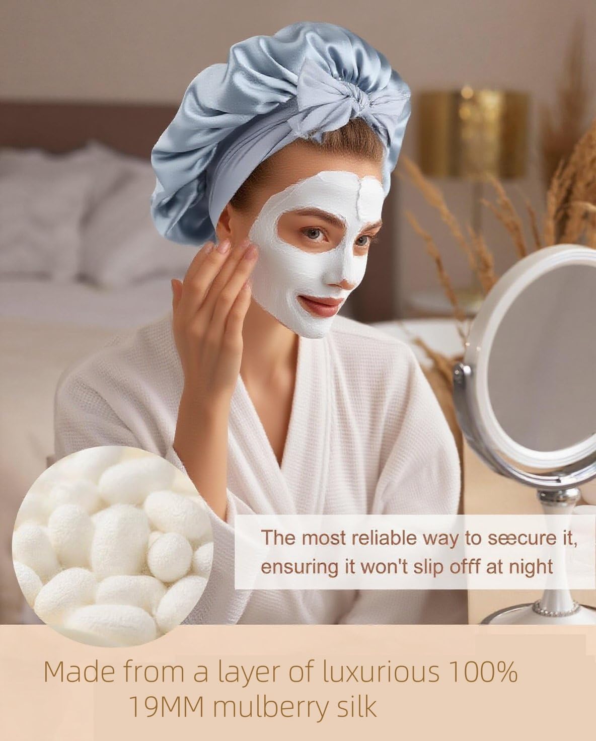 100% Silk Bonnet for Sleeping 19 Momme Pure Mulberry Silk Hair Wrap with Tie Band Stay On Head - Image 2