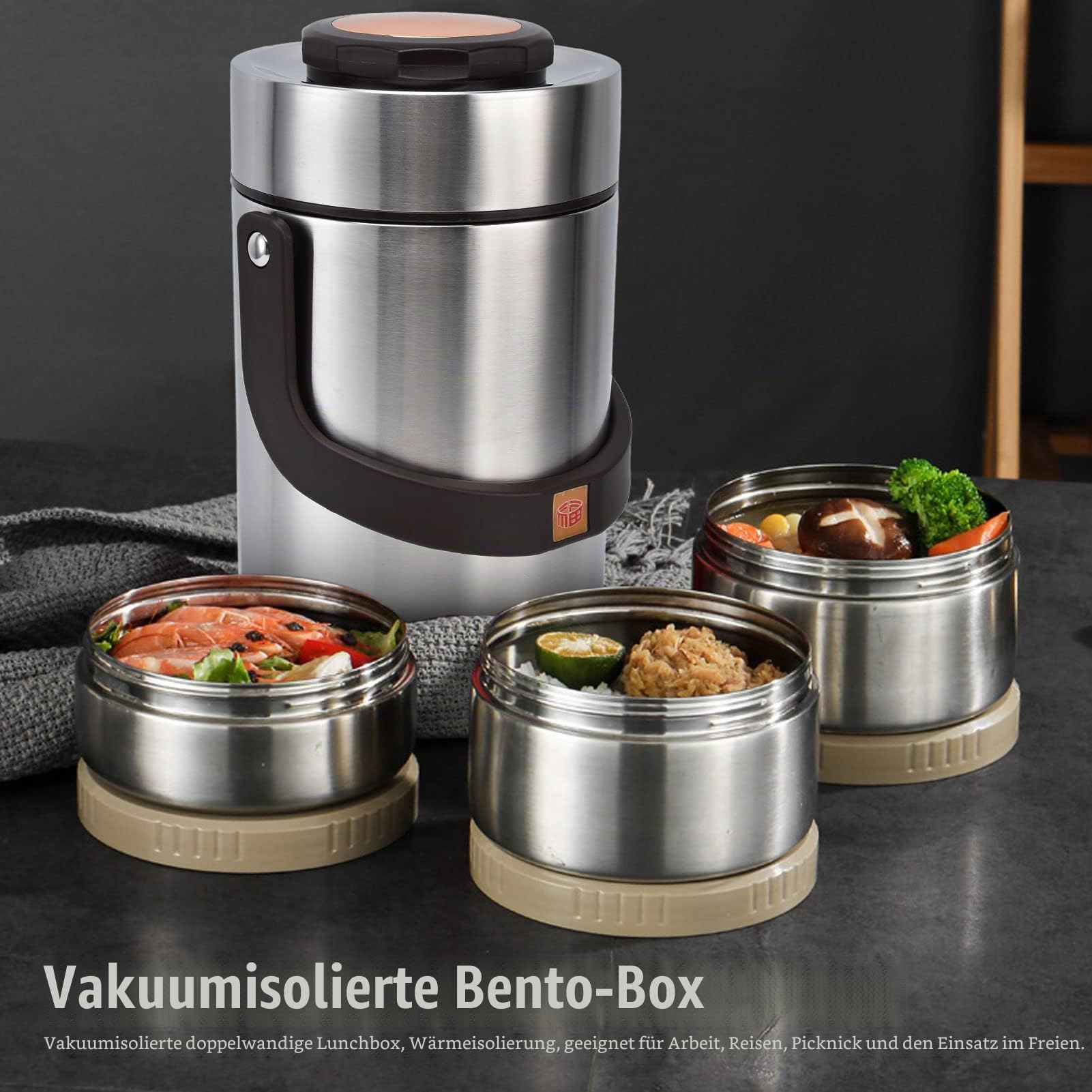 2.3L Thermobehälter für Essen, 3-lagig 304 Edelstahl Vakuum-isoliert Thermo Lunchbox, Essen Warmhaltebehälter für Arbeit, Reisen, Picknick & Camping (Stahl)