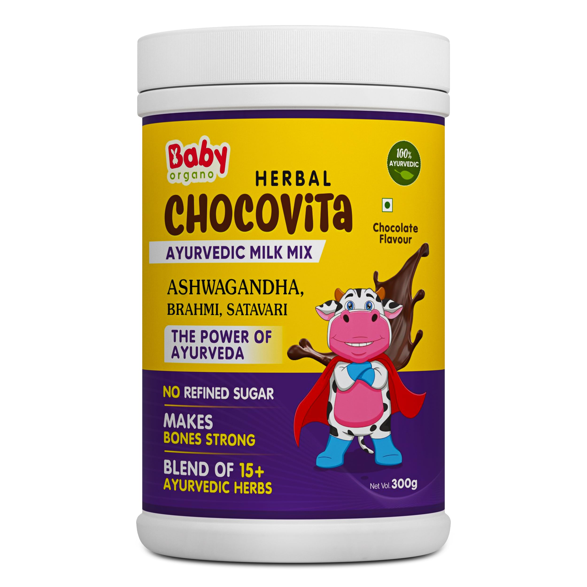 BabyOrgano Chocolate Nutriverse Chocovita milk mix 300g Powder | 2+ Years | Sweetened with Jaggery & Dates with essential Ayurvedic herbs | Enriched with Brahmi for DHA | Hadjod for bone strength | Healthy Growth & Boosts Immunity with Anantmool & Nagarmotha