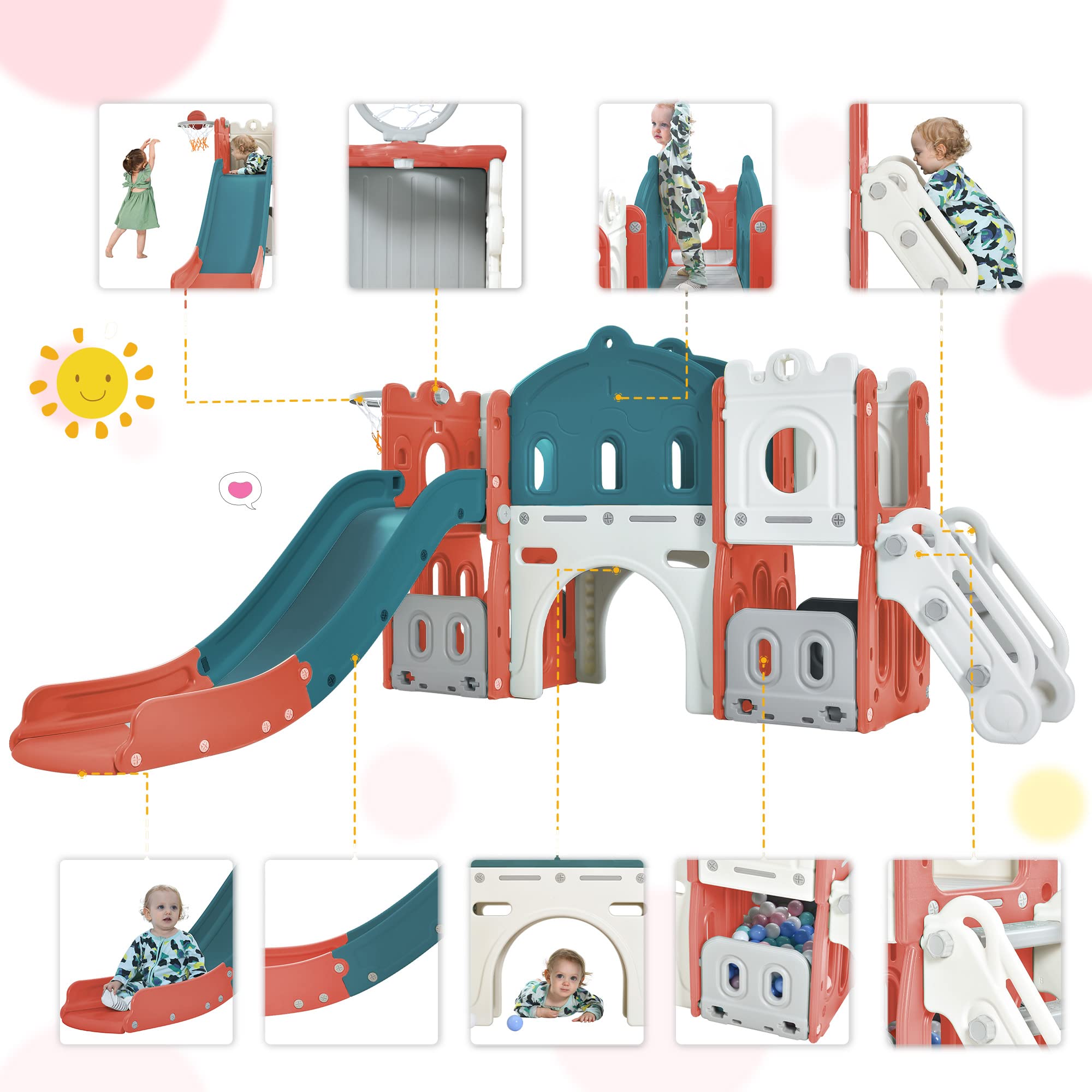 Tobogán Infantil 7 En 1 Para Exteriores E Interiores – Con Túnel, Cesta De Baloncesto, Telescopio Y Almacenamiento, Para Niños De 1 A 6 Años