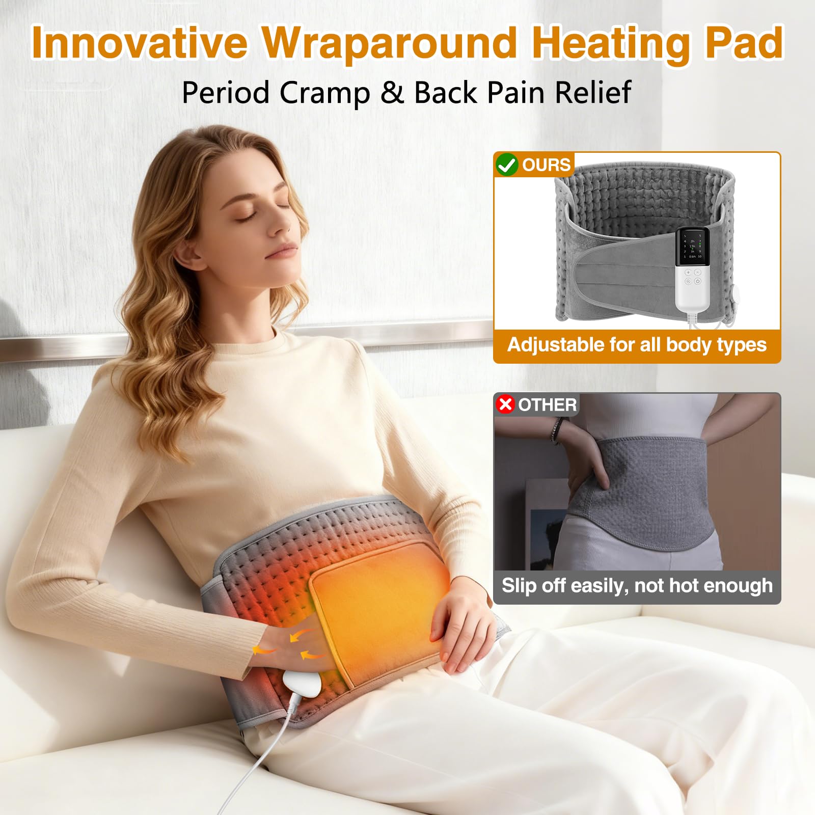 Coussin Chauffant Electrique 125x30cm,Ceinture Lombaire Chauffante,avec 4 Réglages de Minuterie, 10 Température,Pour Dos Cervicales Abdomen,Lavable en Machine