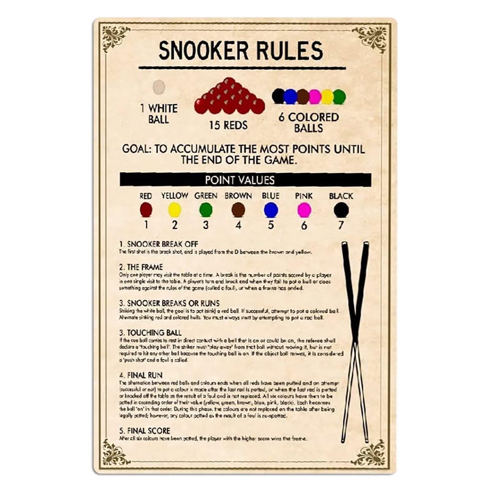 Snooker Knowledge Metal Tin Signs Snooker Rules Retro Posters Billiard Hall Pool Teaching Wall Decor Beginner's Guide To Snooker Plaques 8x12 Inches