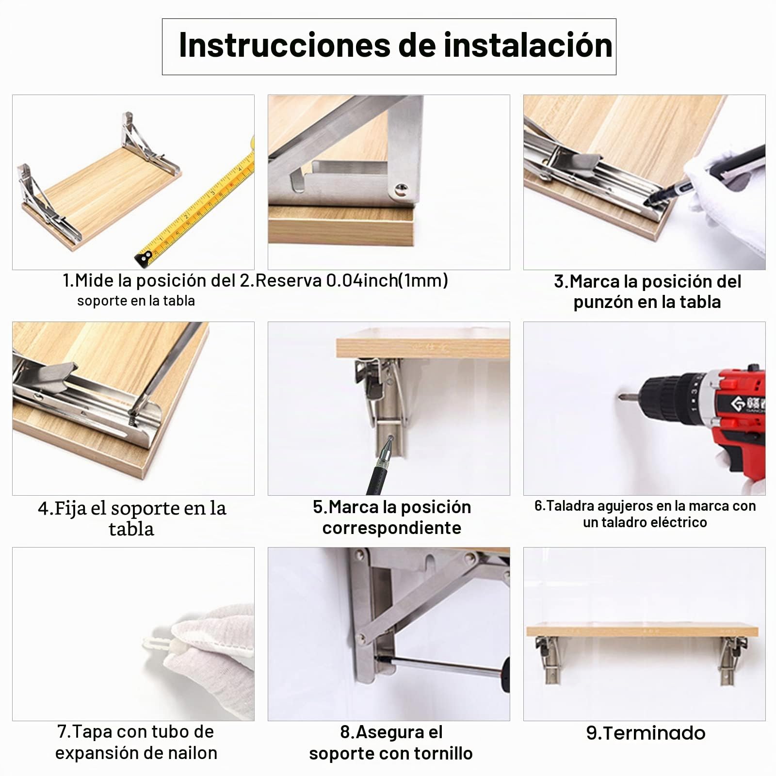 Soportes de Estante Plegables de Pared 500mm– Pack de 4 Acero Inoxidable Resistente hasta – Escuadras Abatibles para Mesa, Cocina, Taller & Garaje