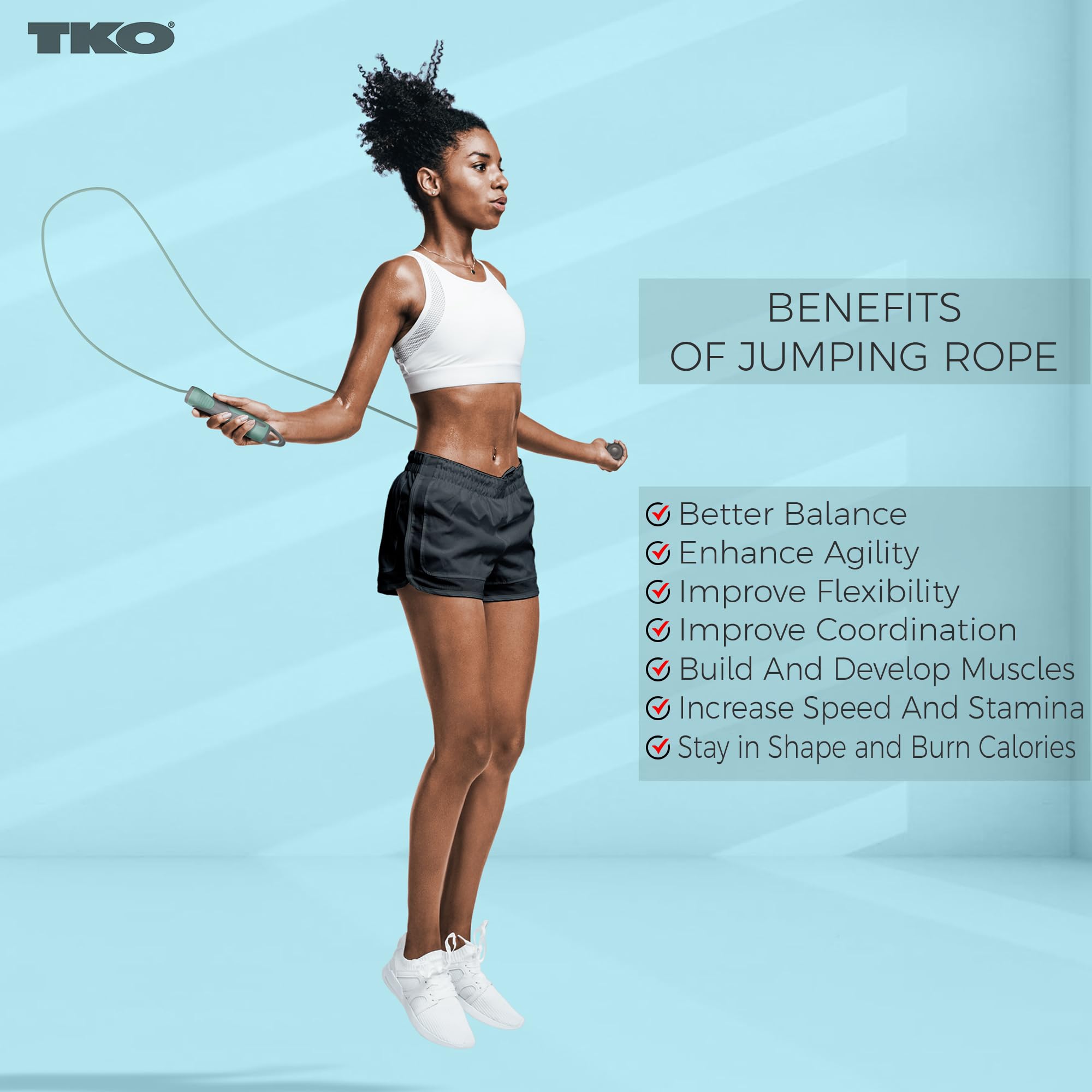 TKO Corde à sauter avec poignée ergonomique, corde à sauter en PVC sans nœuds, longueur réglable, cordes à sauter pour le fitness pour femme (menthe)