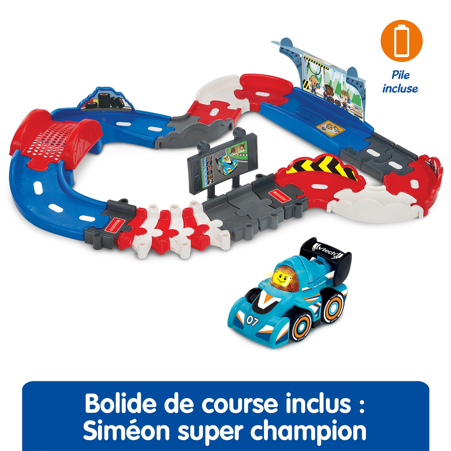 VTech - Tut Tut Bolides Circuit Pit Stop - Circuit Enfant F1 avec Voiture de Course, Siméon Super Champion, 1 Zone Magique - Cadeau Enfant de 1 an à 5 Ans - Contenu en Français