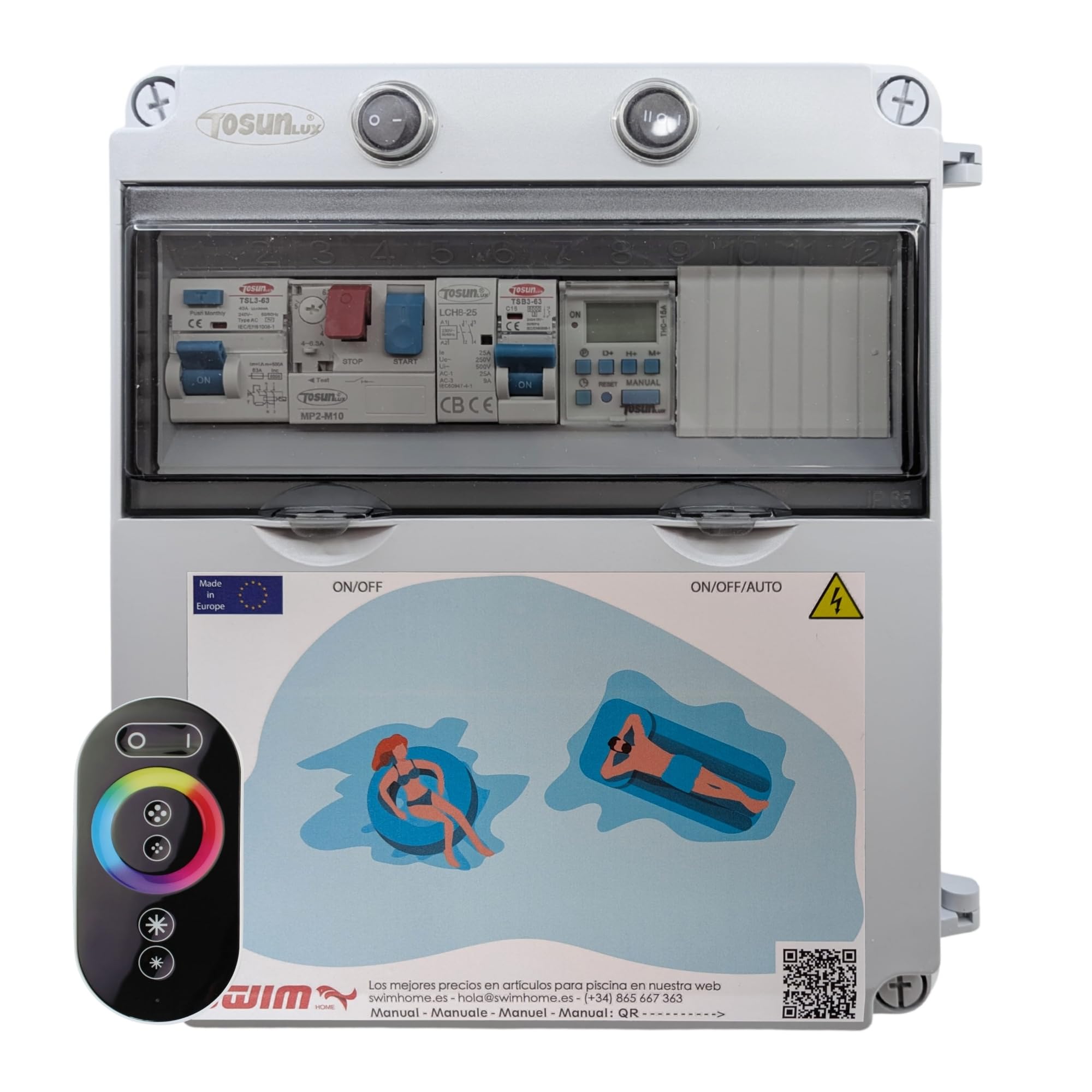 SWIMHOME Cuadro Eléctrico Piscina 2CV, Contactor Clorador, Transformador 150W 12V DC, Control RGB, Mando, Gris