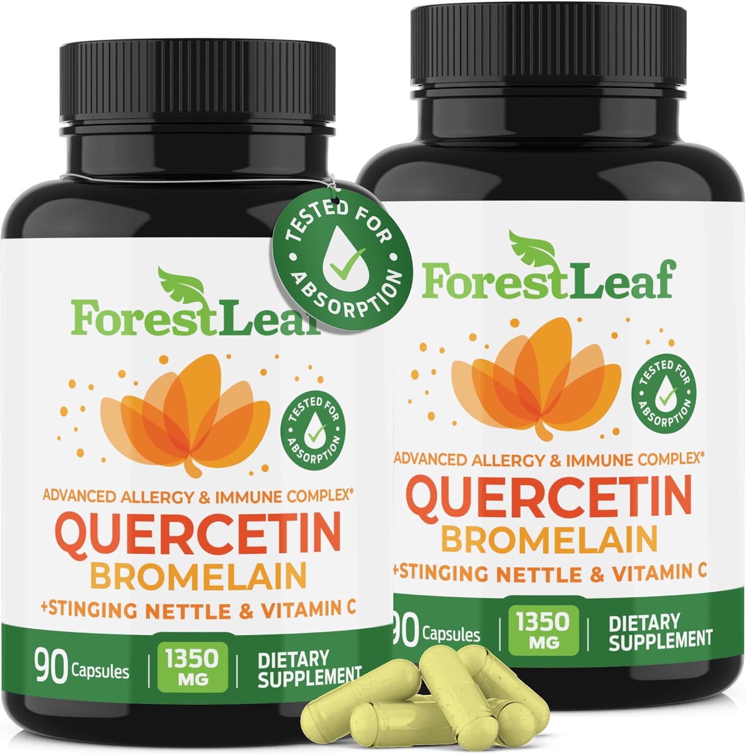 ForestLeaf Quercetin with Bromelain - 1350mg Blend with Vitamin C & Stinging Nettle, Advanced Quercetin 500mg Supplement, Non-GMO Gluten Free, Natural Immune & Respiratory Function 180 Veggie Capsules