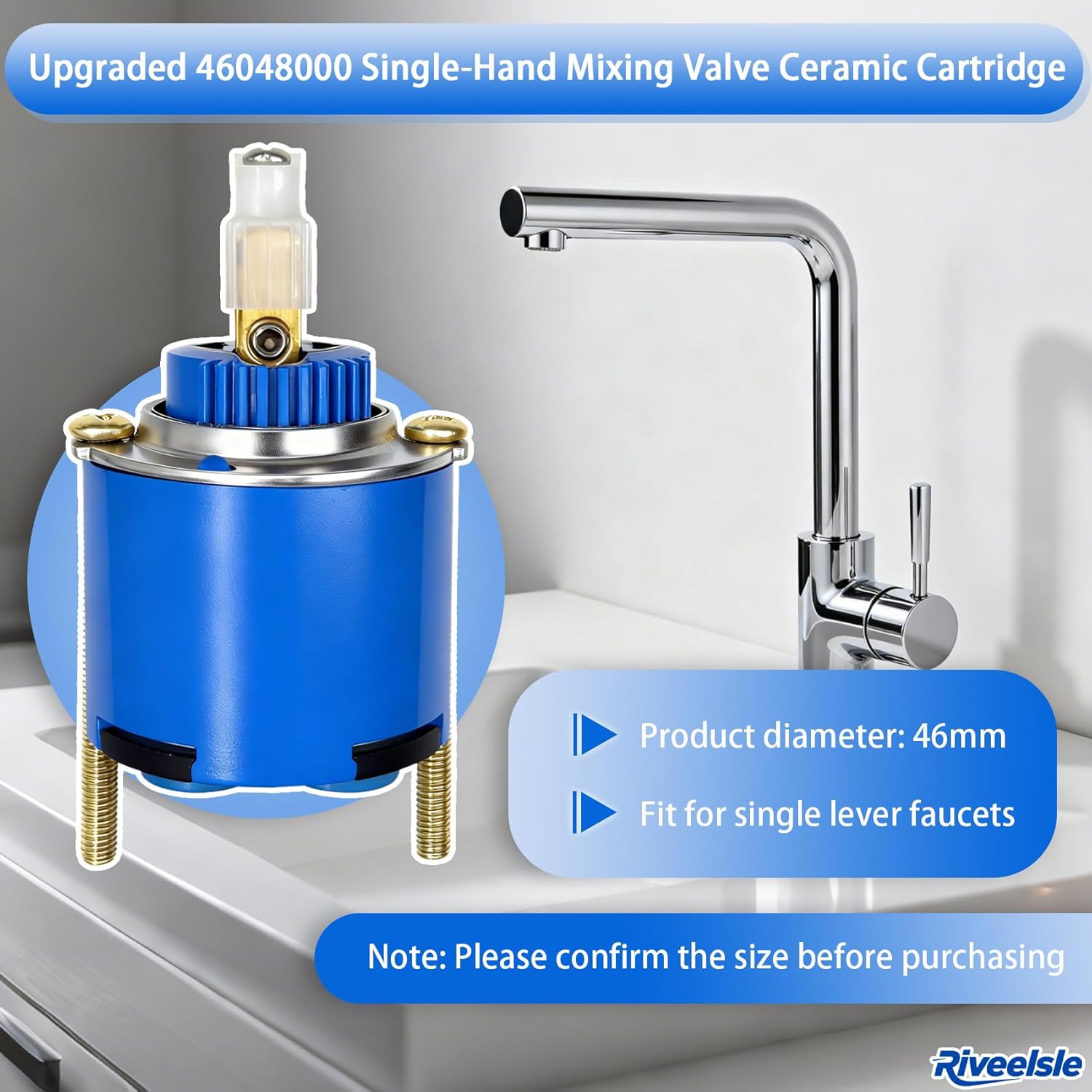 Upgraded for Grohe 46048000 Single-Hand Mixing Valve Ceramic Cartridge, 46mm Faucet Cartridge, Fits for Single Lever Faucets, Wide Applicability, More Sealed and Durable