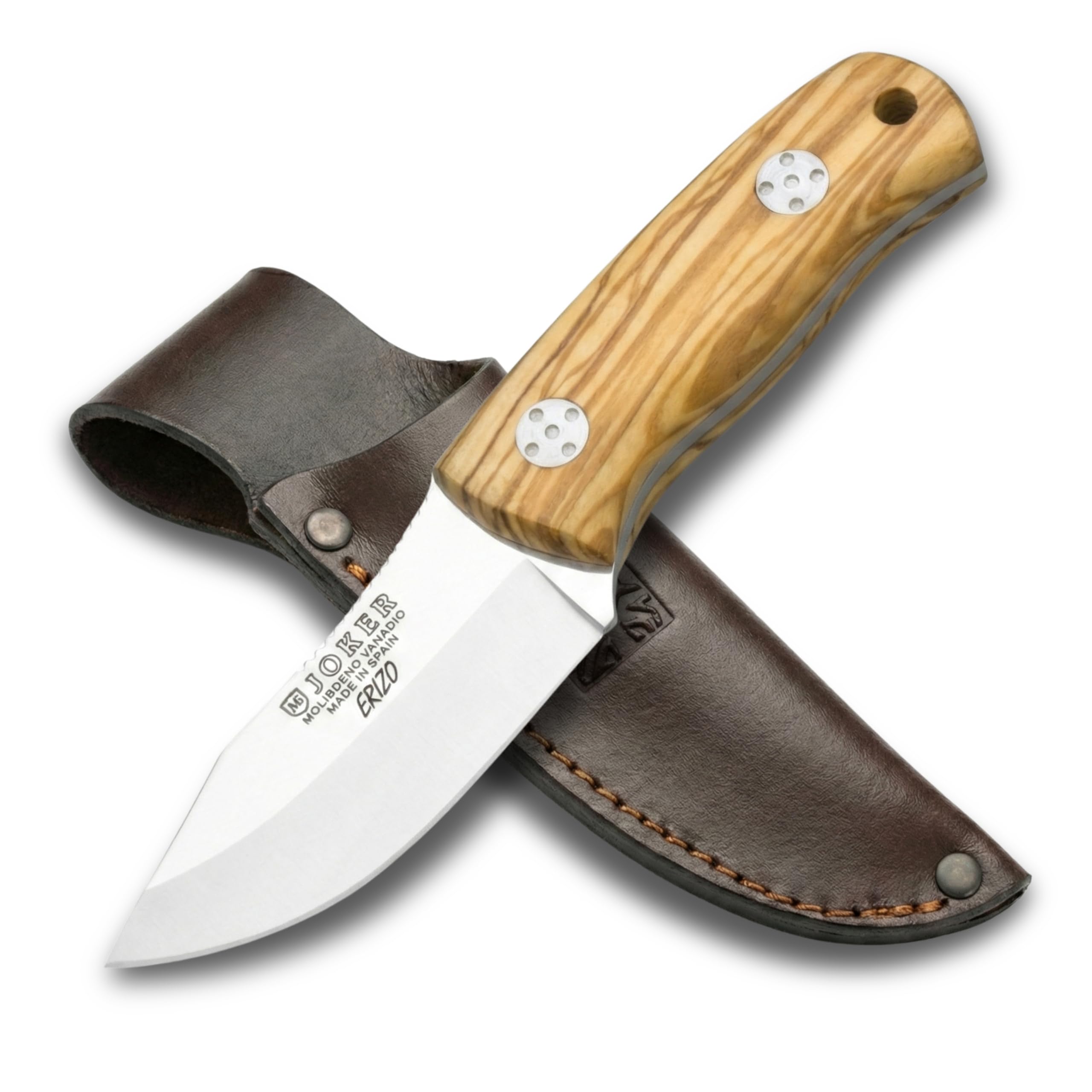 joker Coltello da caccia Riccio con Coltello Bushcraft in legno d'ulivo e lama in acciaio inox MOVA 7,5 cm, 130 grammi, CO75 per la pesca, la caccia, l'escursionismo, il campeggio