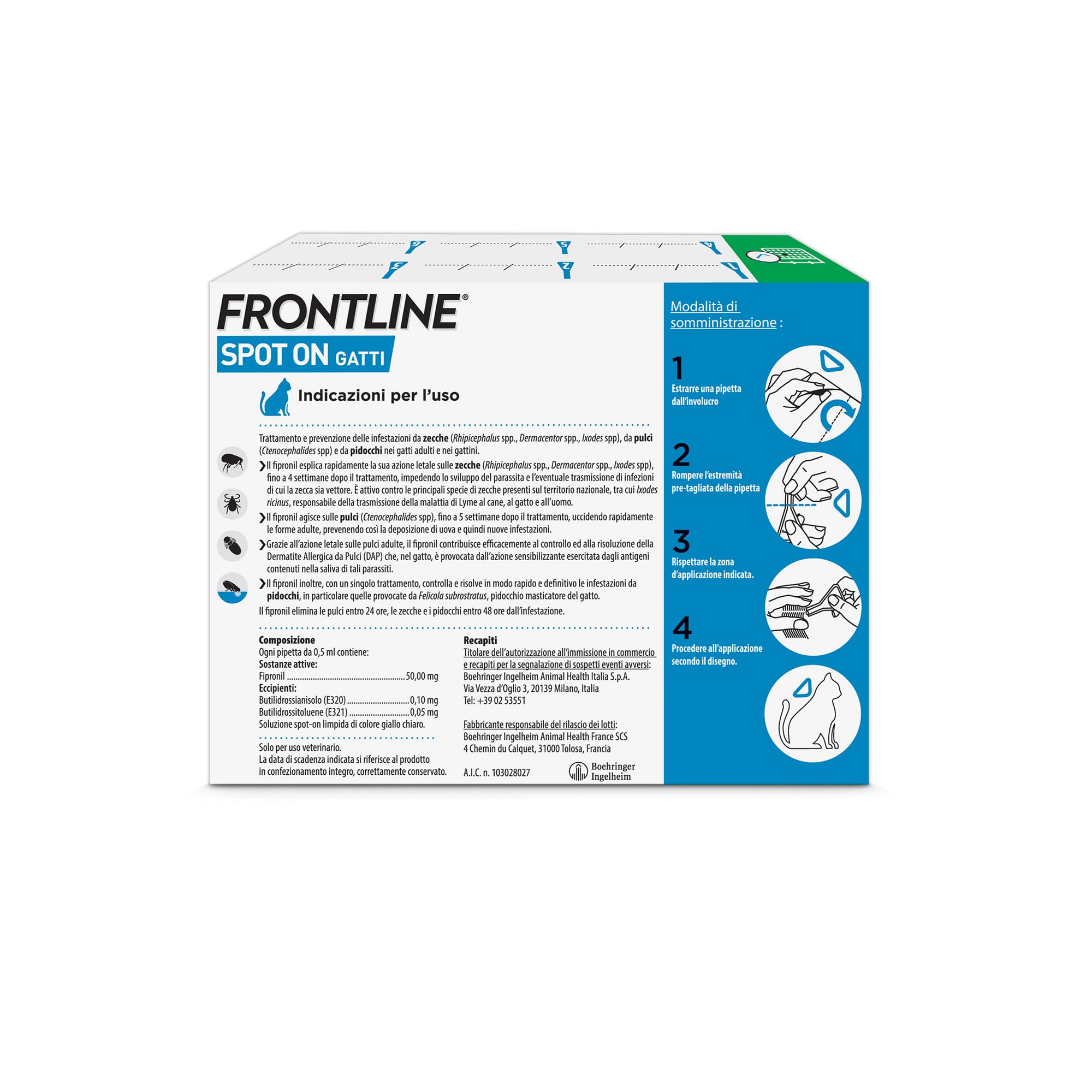 Pipette FRONTLINE Spot On per l'applicazione topica su gatti contro parassiti esterni.