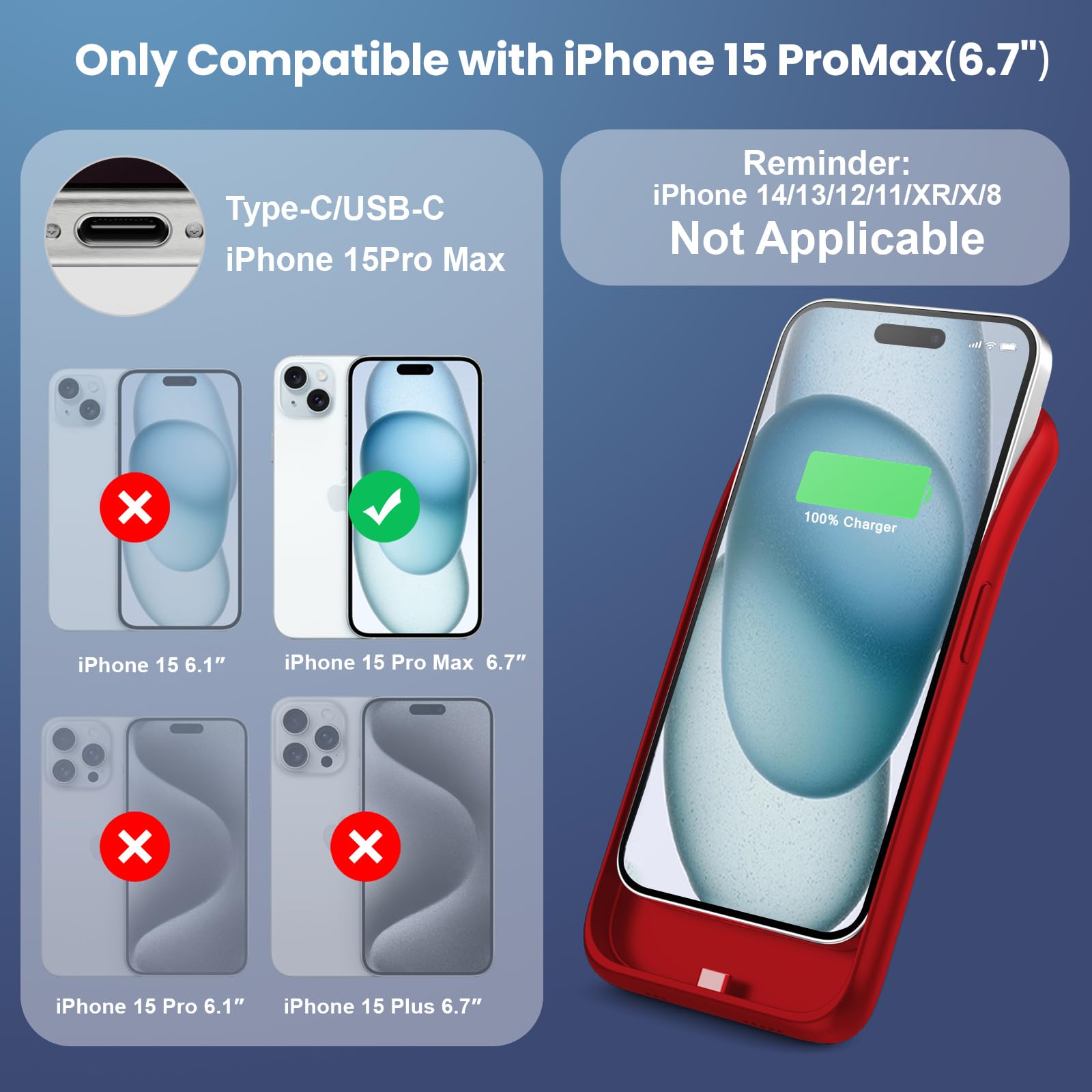 Battery Case for iPhone 15 Pro Max,Powerful 8600mah Ultra-Slim Protective Charging Case,15W Fast Charging Portable Rechargeable Expandable Battery Charger Cover for iPhone 15 Pro Max(6.7inch)-Red