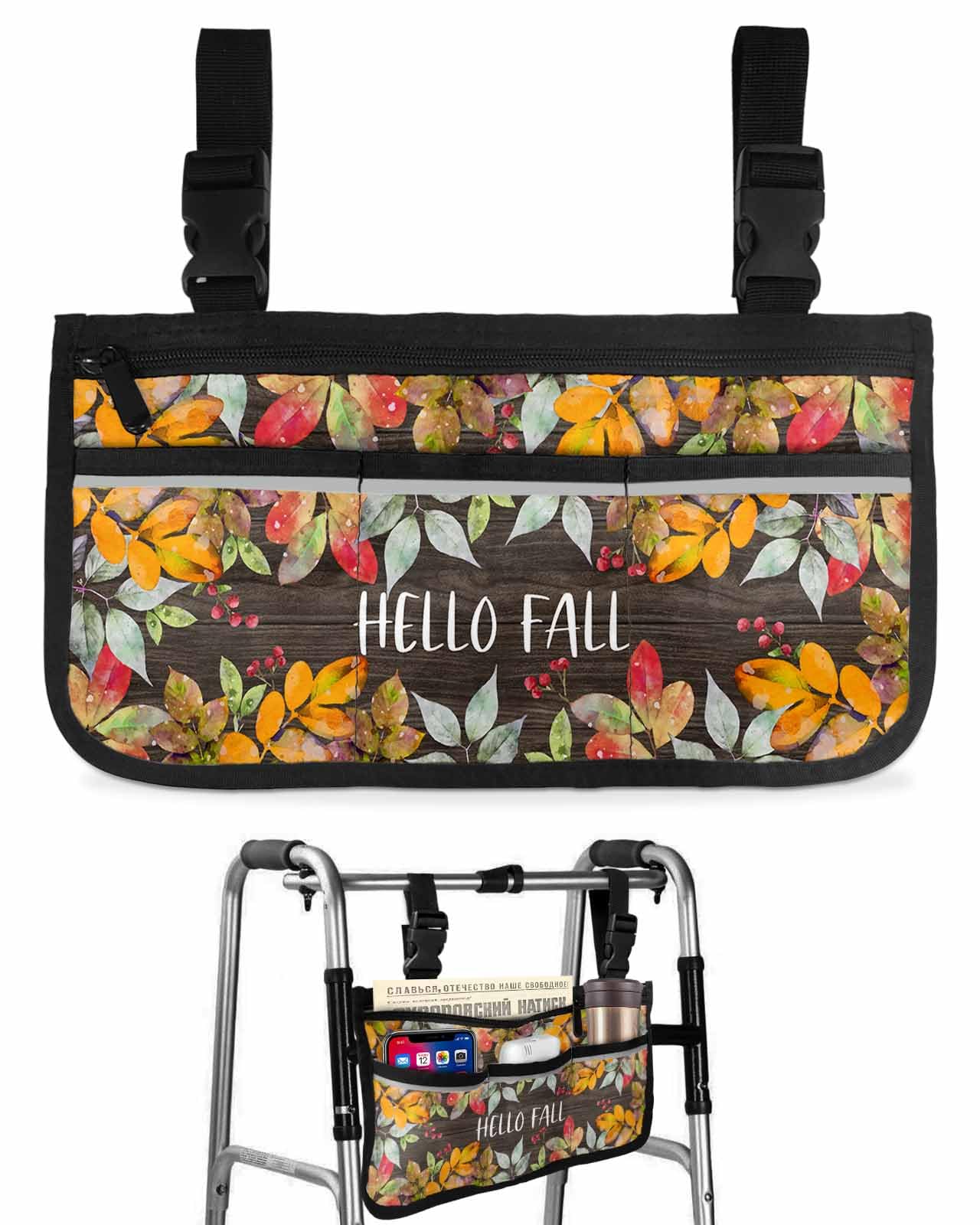 Anzona Orange Red Leaves Wheelchair Side Bag Walker Bag, Fall Rustic Botanical Burlap Wheelchair Accessories Armrest Pouch, Organizer Storage Bag for Walkers, Rollators, Scooters, 7.3''x13''