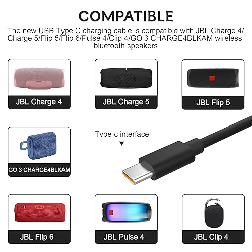 Miniatura 2 de Cable de carga USB C compatible con JBL Charge 4, Charge 5, Charge 6, Clip 4, Clip 5, Flip 5, Flip 6, GO 3, GO 4, Pulse 4, Pulse 5, Xtreme 3, Xtreme
