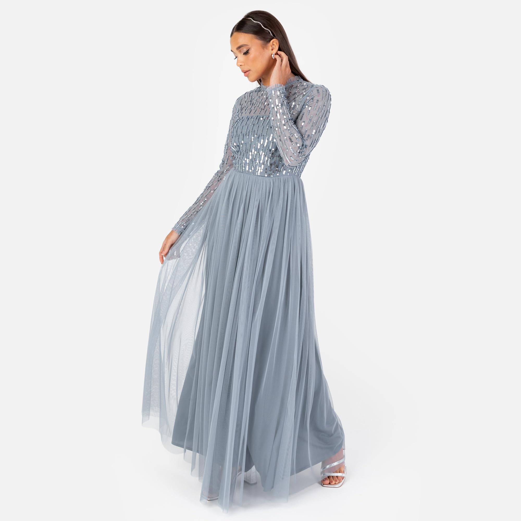 Women's Maxi Dress Ladies Modest High Neck Long Sleeve Tulle Sequin Embellished A-Line Wedding Guest Bridesmaid Prom