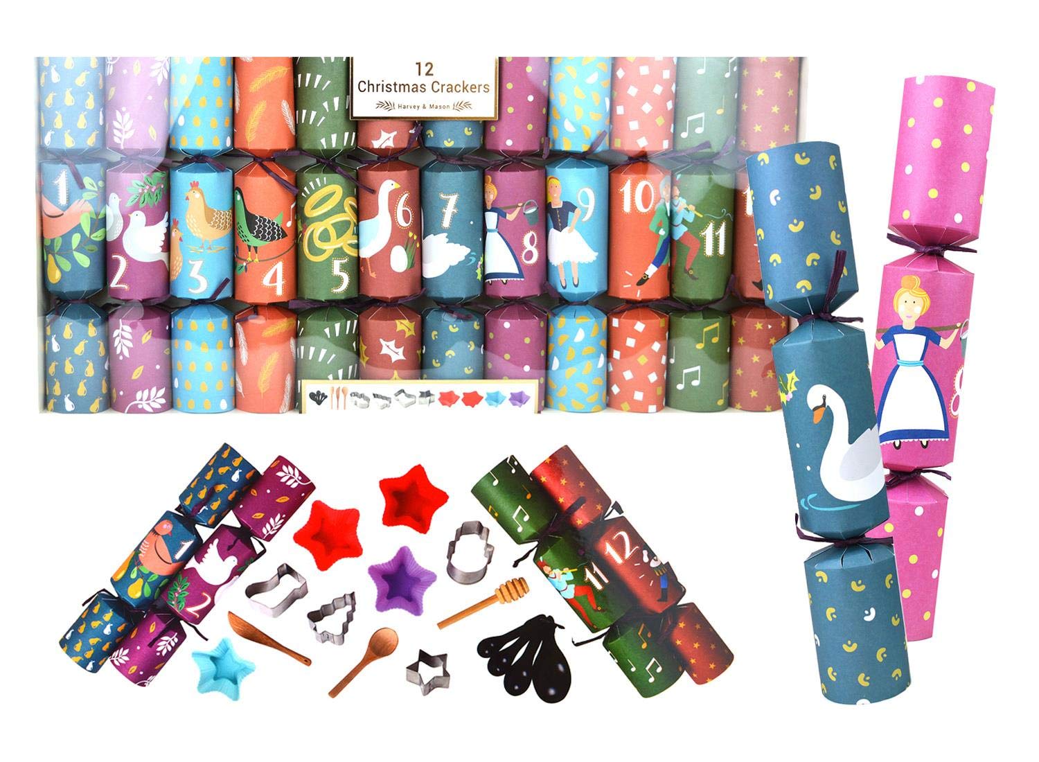 YöL 12 Days of Christmas Crackers Traditional Eco Festive Baking Accessories Gifts Novelty Set Xmas Party Games Bakeware Gifts