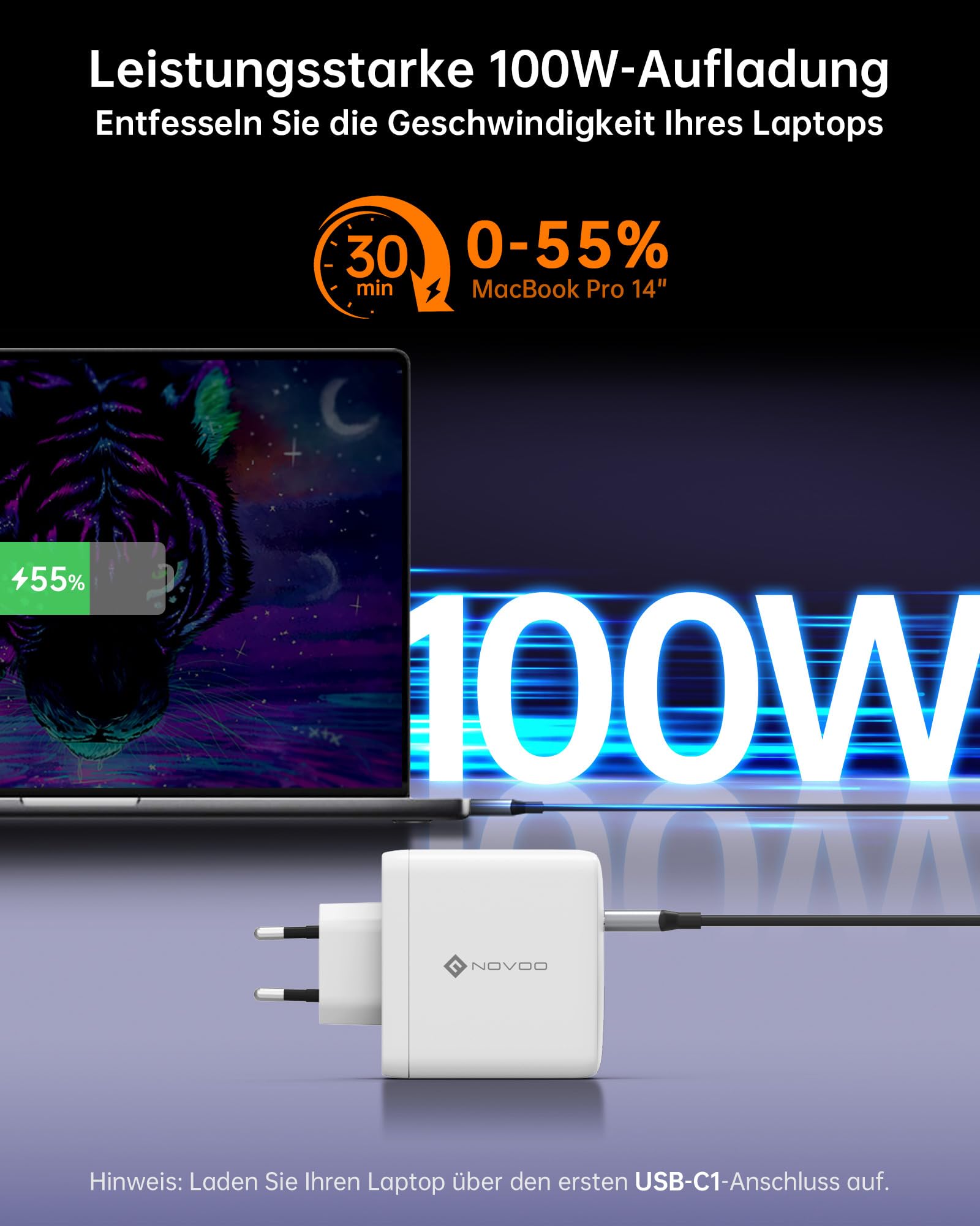 NOVOO Caricabatterie USB C 120W 1M cavi PD 100W Type-C Caricatore PPS GaN III 3 porte Bianco