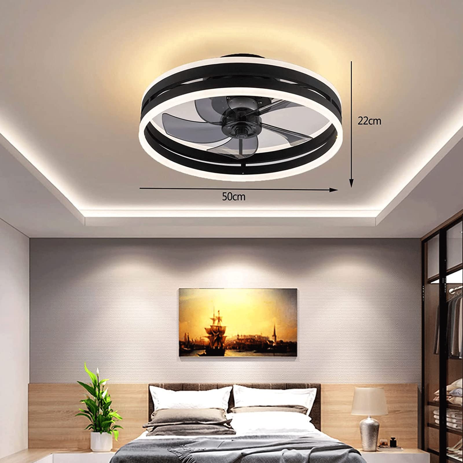 Cichy wentylator sufitowy z oświetleniem, 50 W, ściemniana, lampa sufitowa z pilotem zdalnego sterowania i aplikacją, 6 prędkości, z wentylatorem, timerem, do sypialni, salonu, kolor czarny, 40 cm