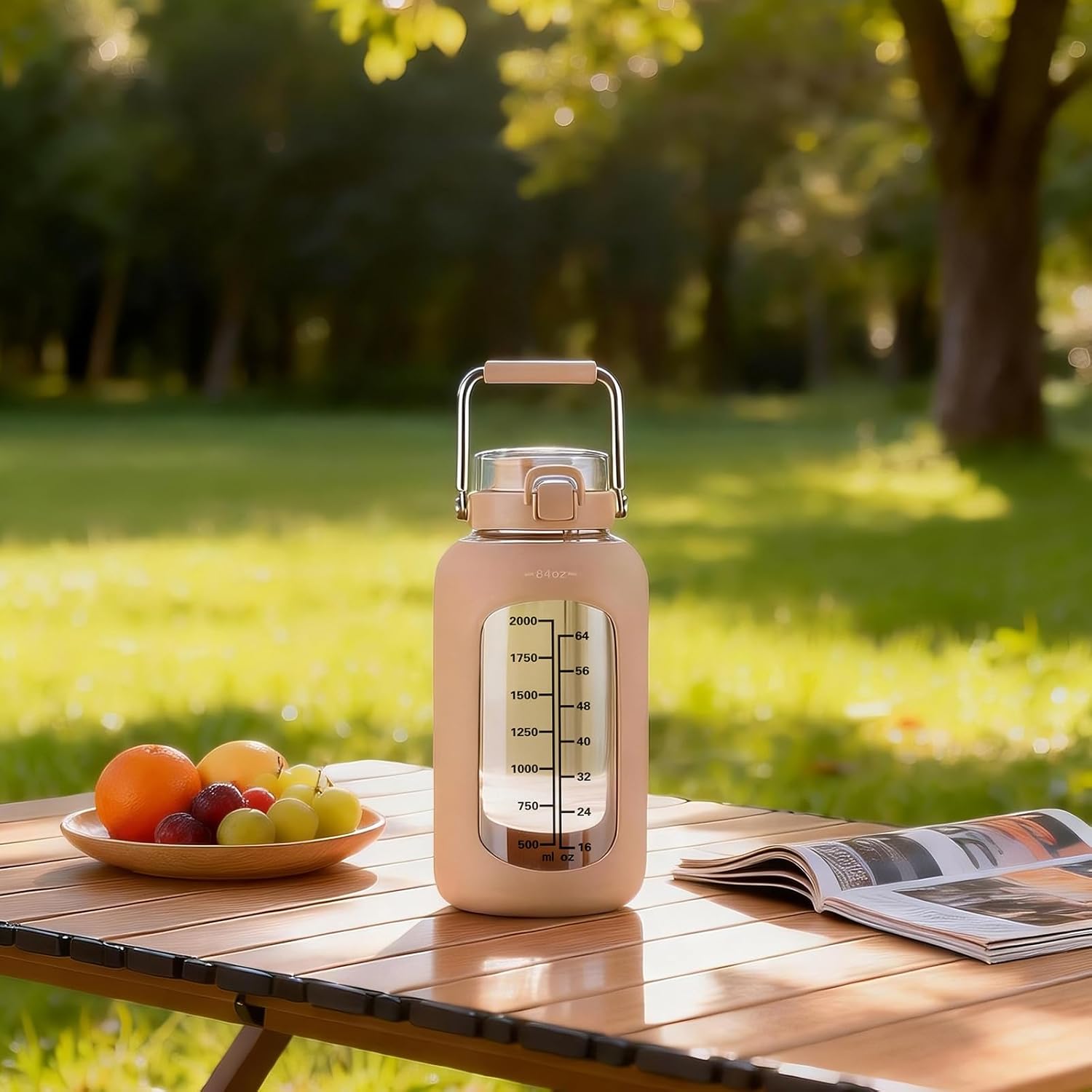 MUKOKO 84oz Glass Water Bottle with Time Marker and Silicone Sleeve 2.5L Water Jug with Stainless Steel Handle Gallon Drinking Bottle with 2-in-1 Lid Wide Mouth BPA Free, Amber - Image 6