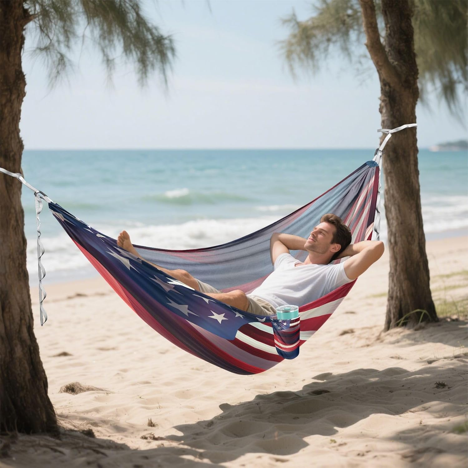 Camping Hammock Lightweight - 350lbs Portable Hammock with 2 Tree Straps and Attached Carry Bag,Great for Travel/Backpacking/Beach/Backyard - Single or Double - American Flag 1