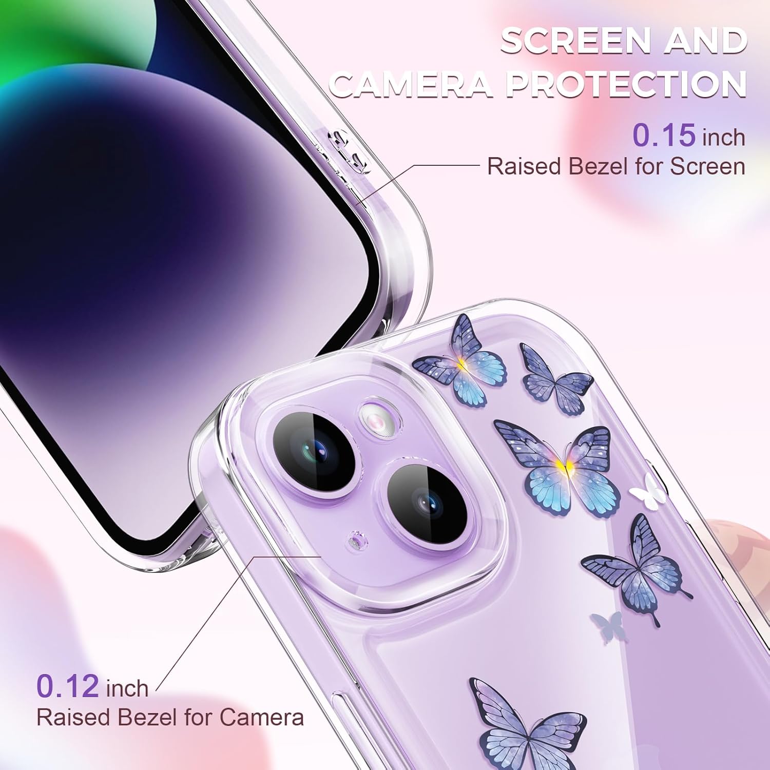 CASBST Compatible with iPhone 14 Case, Clear Case with Cute Butterfly Pattern Design for Girls Women, Slim Soft TPU Shockproof Protective Aesthetic Phone Cover for iPhone 14 (Purple Butterfly) iPhone 14 Purple Butterfly