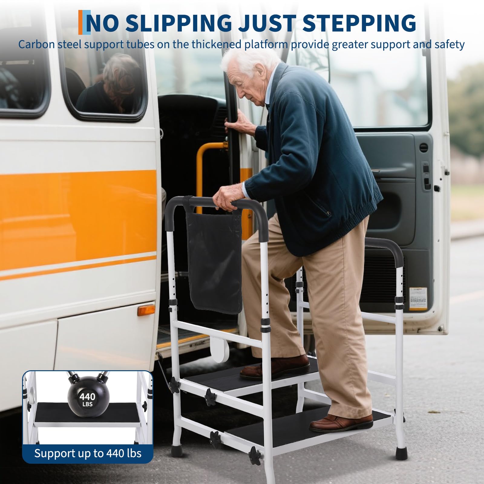 GarveeHome Robuster 2-Stufen Stahltritt Mit Verstellbarem Rutschfestem Geländer, 204 kg Tragfähigkeit, Bettnahe Mobilitätshilfe Für Senioren, ältere Oder Behinderte Personen, Schlafzimmer, Bad Küc