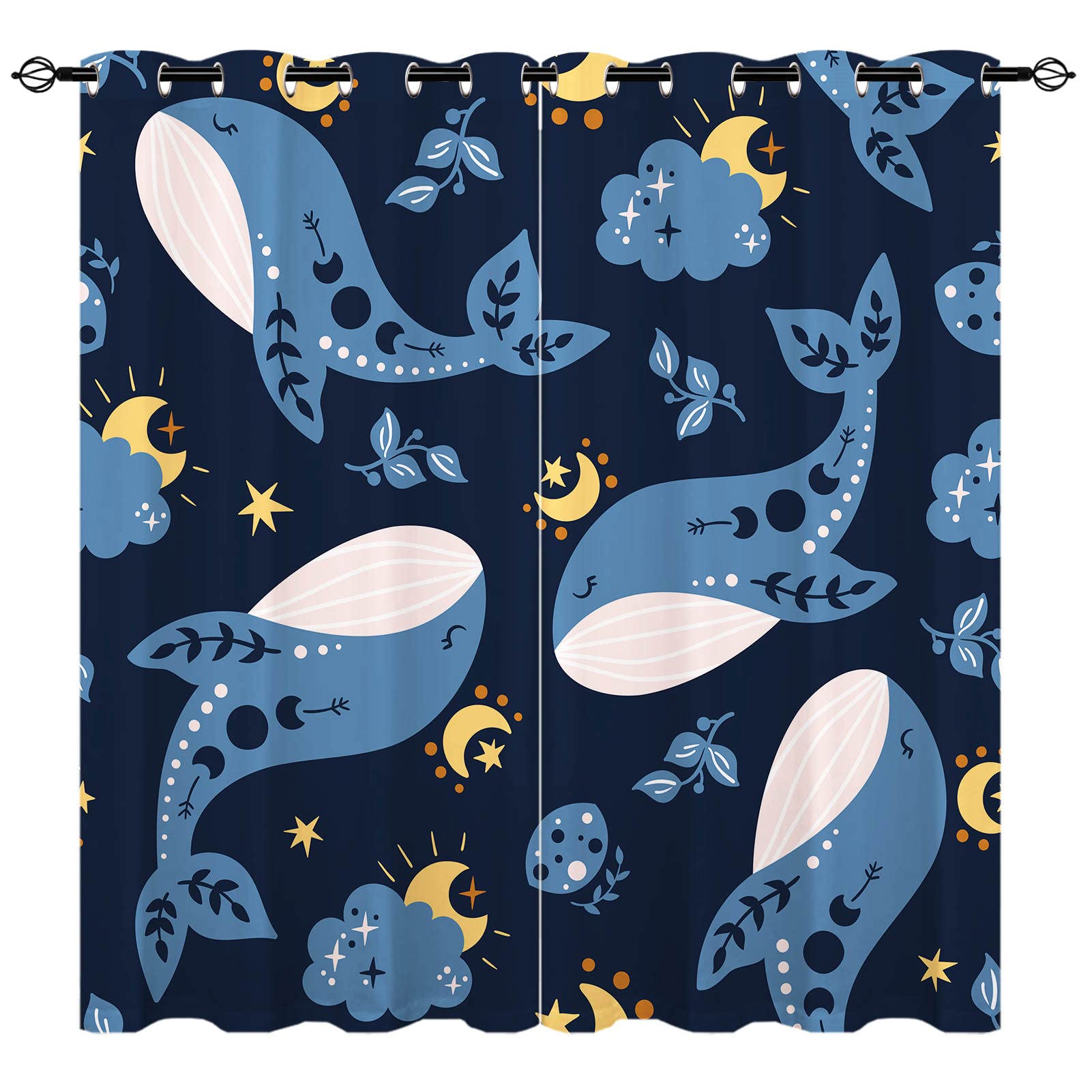YUANZU Whale Curtains - Kids Celestial Boho Blue Whale Sky Animal Moon Star Print Pattern Eyelet Blackout Thermal Insulated Room Darkening Window Drapes for Nursery Bedroom 2 Panels W117cm x D183cm