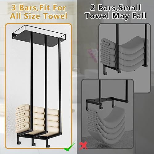 Miniatura 3 de Ovicar Toalleros para baño Almacenamiento de toallas enrolladas montadas en la pared con estante de metal y 3 ganchos, soporte de toalla de pared