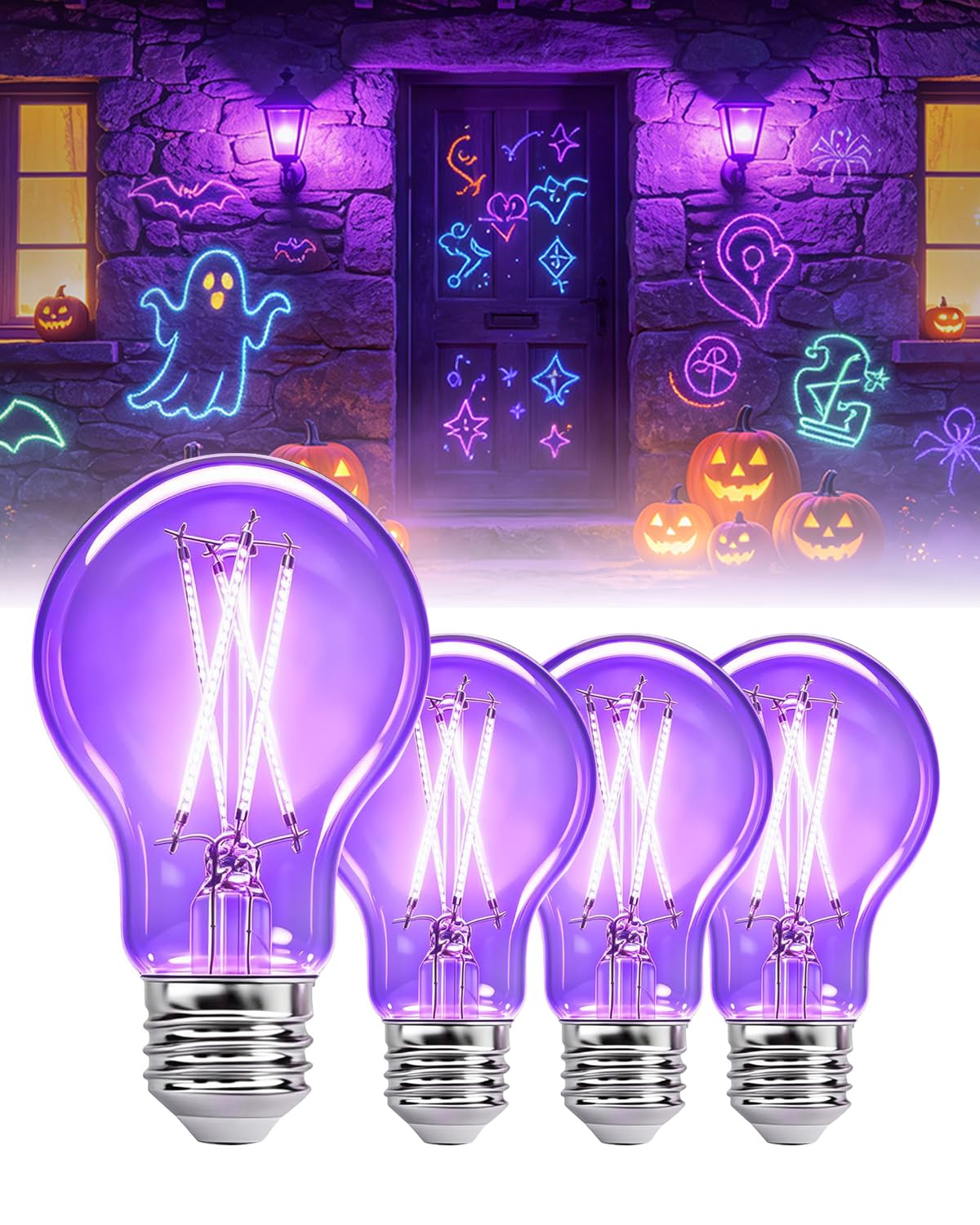 A19 E27 6W Black Light Bulb for Halloween 395nm UV Glow Dimmable 4 Pack