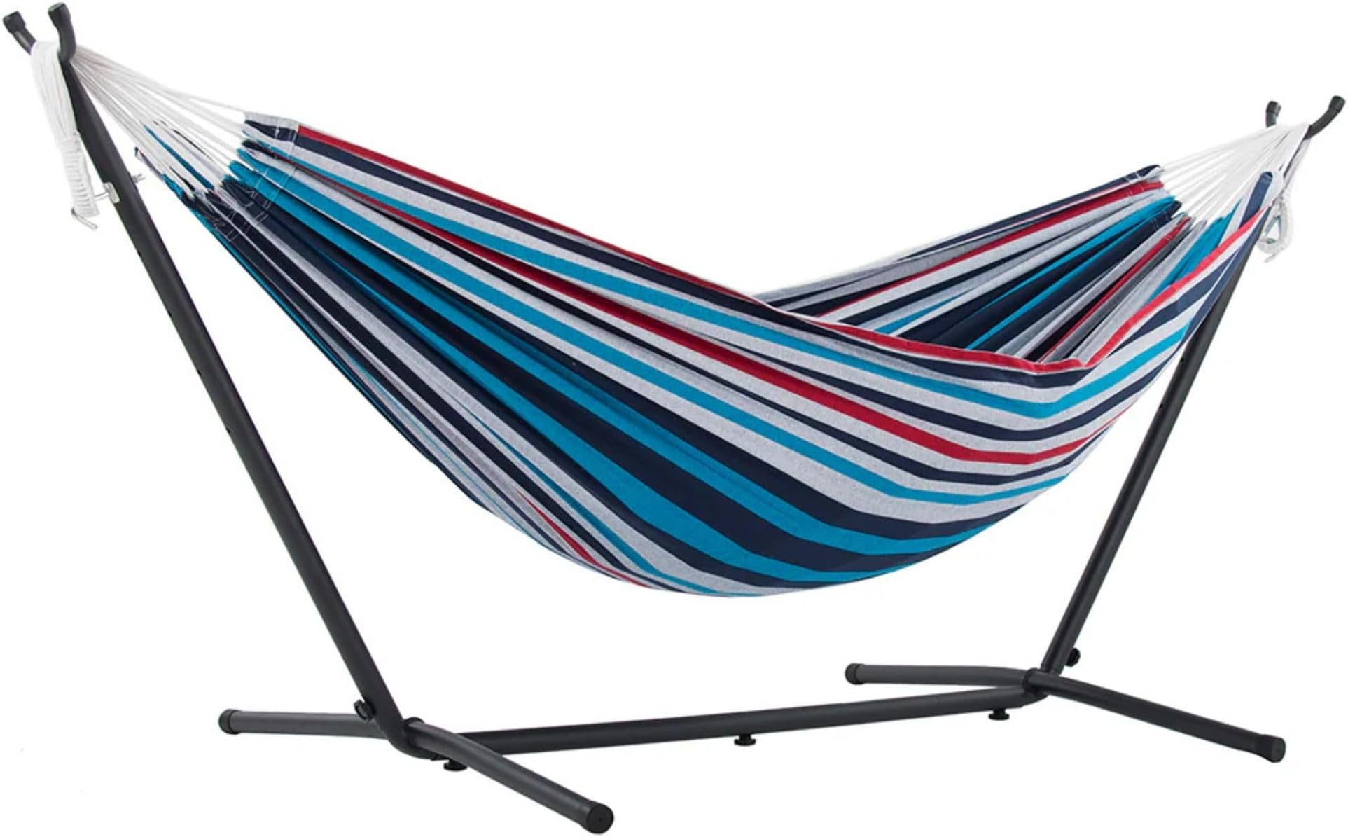 Vivere C9MESH-40 Blue/Orange Mesh Double Hammock with Space Saving Steel Stand