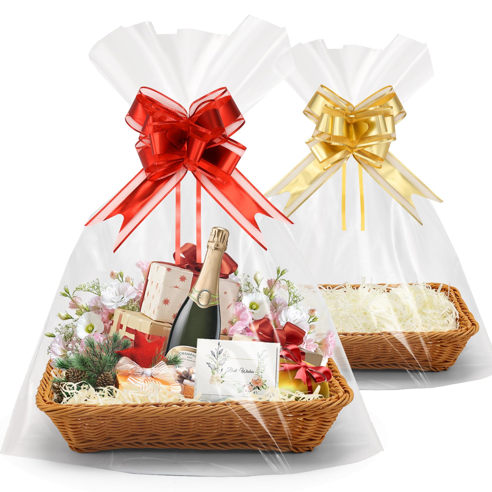 Micvtve Set di 2 cesti regalo, kit per creare il proprio cesto regalo con fiocchi, sacchetti di cellophane, biglietti di auguri, carta sminuzzata e cesto regalo vuoto, da utilizzare per compleanni