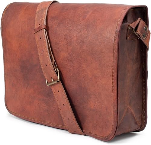 ANUENT Bolsa de cuero marrón vintage de 15 pulgadas para laptop, hecha a mano, bolsa cruzada para mujeres y hombres, bolsa de hombro para trabajo,