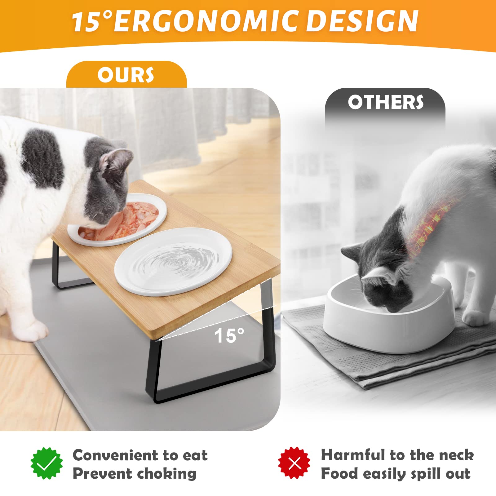 Lannvan Podwyższona miska dla kot – ergonomiczna stacja do karmienia z ceramiki i silikonową podkładką, przechylona o 15°, miska na jedzenie i wodę 350 ml dla małych psów