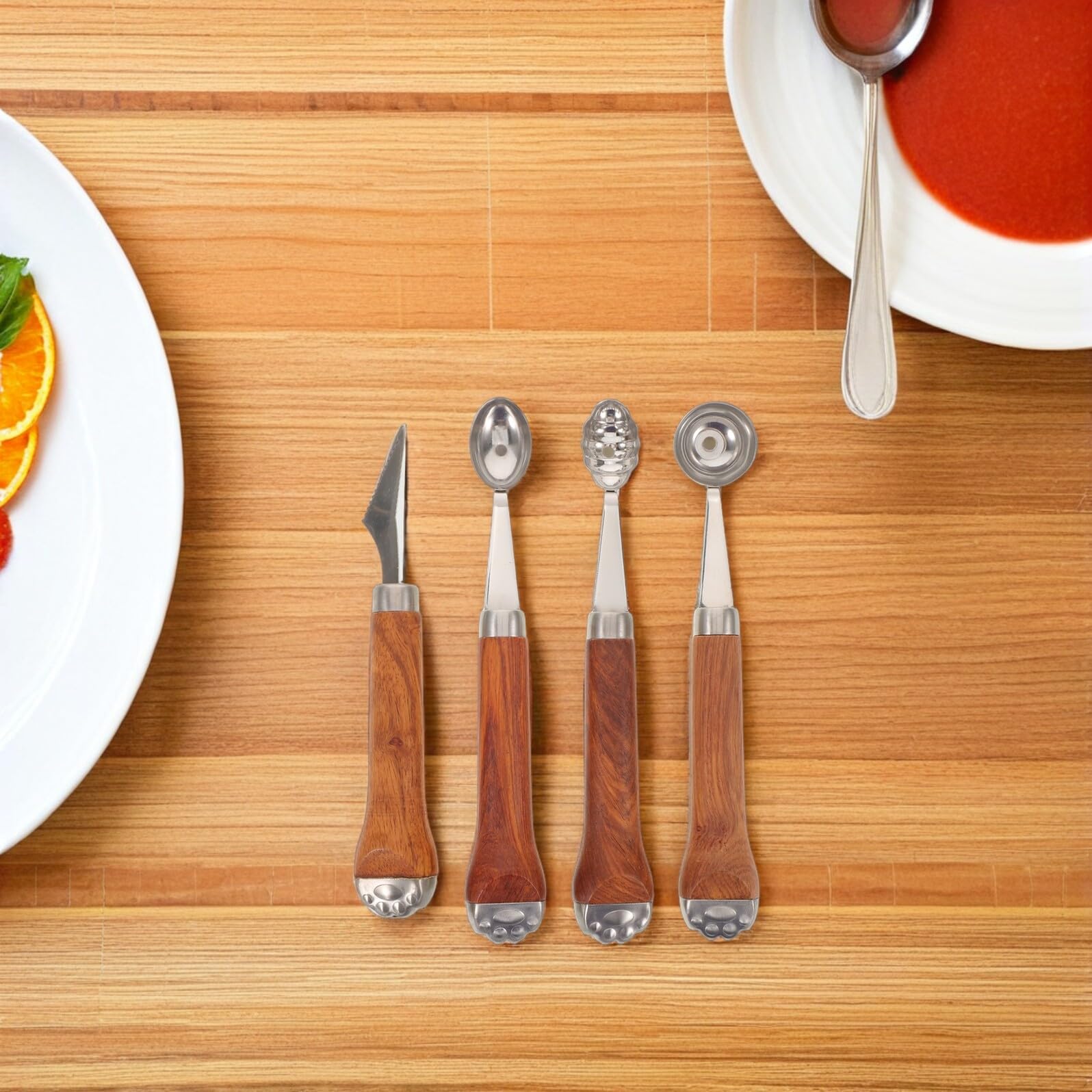 4 Stück Obstwerkzeug mit Holgriff Kugelausstecher und Schäler für Früchte