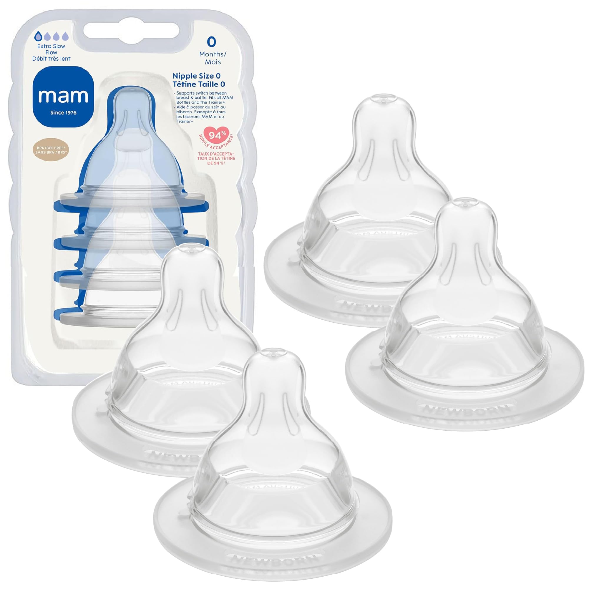 MAM Baby Bottle Nipples Extra Slow Flow Size 0, for 0+ Month Newborn Babies, Skin Soft BPA Free Silicone, 94% Nipple Acceptance, Fits All MAM Bottles, Developed with Medical Experts, Made in Europe
