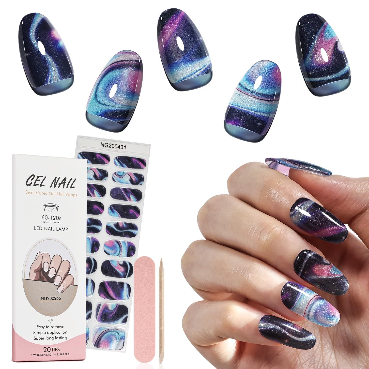 JEWHITENY Semi Cured Gel Nail Strips :20 Pcs UV Light Required Nail Wraps(Iridescent Glitter) Easy Apply & Remove,UV Gel Nails Stickers Salon-Quality & Long Lasting,Includes File & Wooden Stick