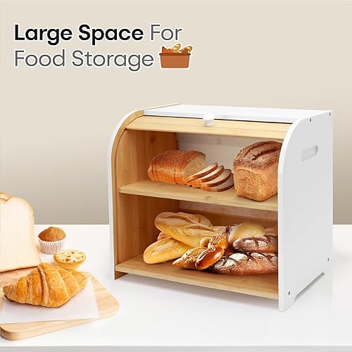 Miniatura 3 de Panera para encimera de cocina, contenedor de almacenamiento de pan de bambú de doble capa para pan casero, caja de pan enrollable con 3 alturas