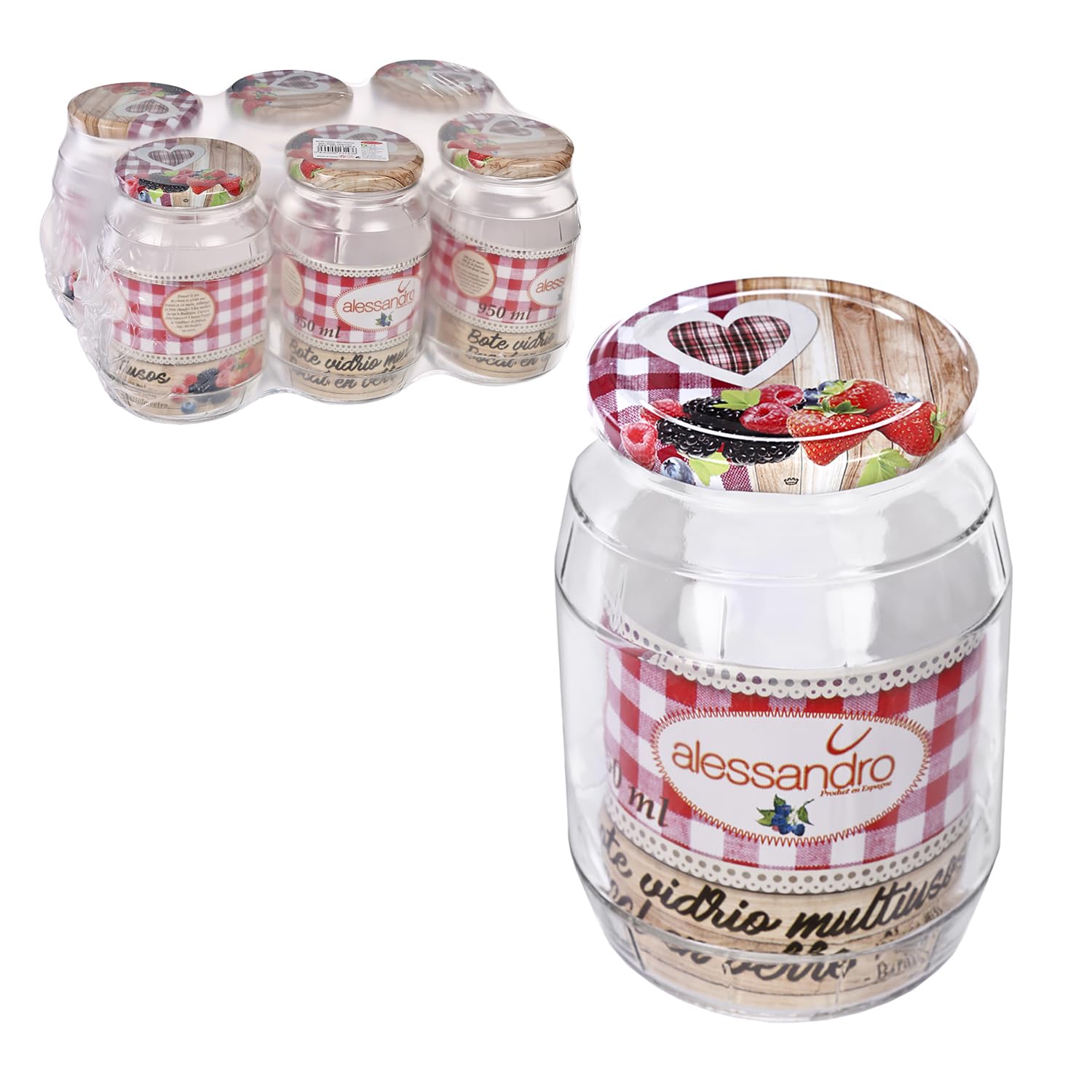 TWO TIGERS Tarro de Cristal 950ml con Tapa. Pack 6 Unidades. Frascos con Tapa de Frutas. Bote Cocina, Legumbres, Hostelería, Cafeterías, Bares, Restaurantes. Cierre Hermético (950ml 6uds)