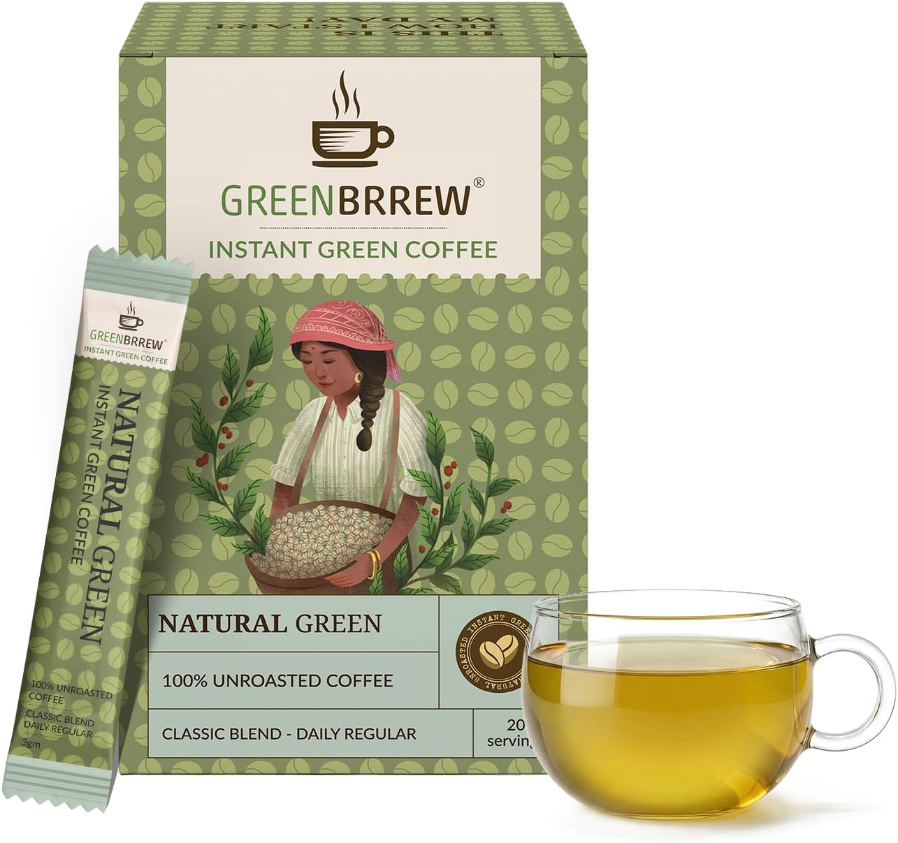 Instant Natural Green Coffee Powder, 20 Sachets, 60g | Antioxidant Rich Unroasted Coffee for Weight Management & Metabolism | Vegan, Decaf, Probiotic Drink Mix