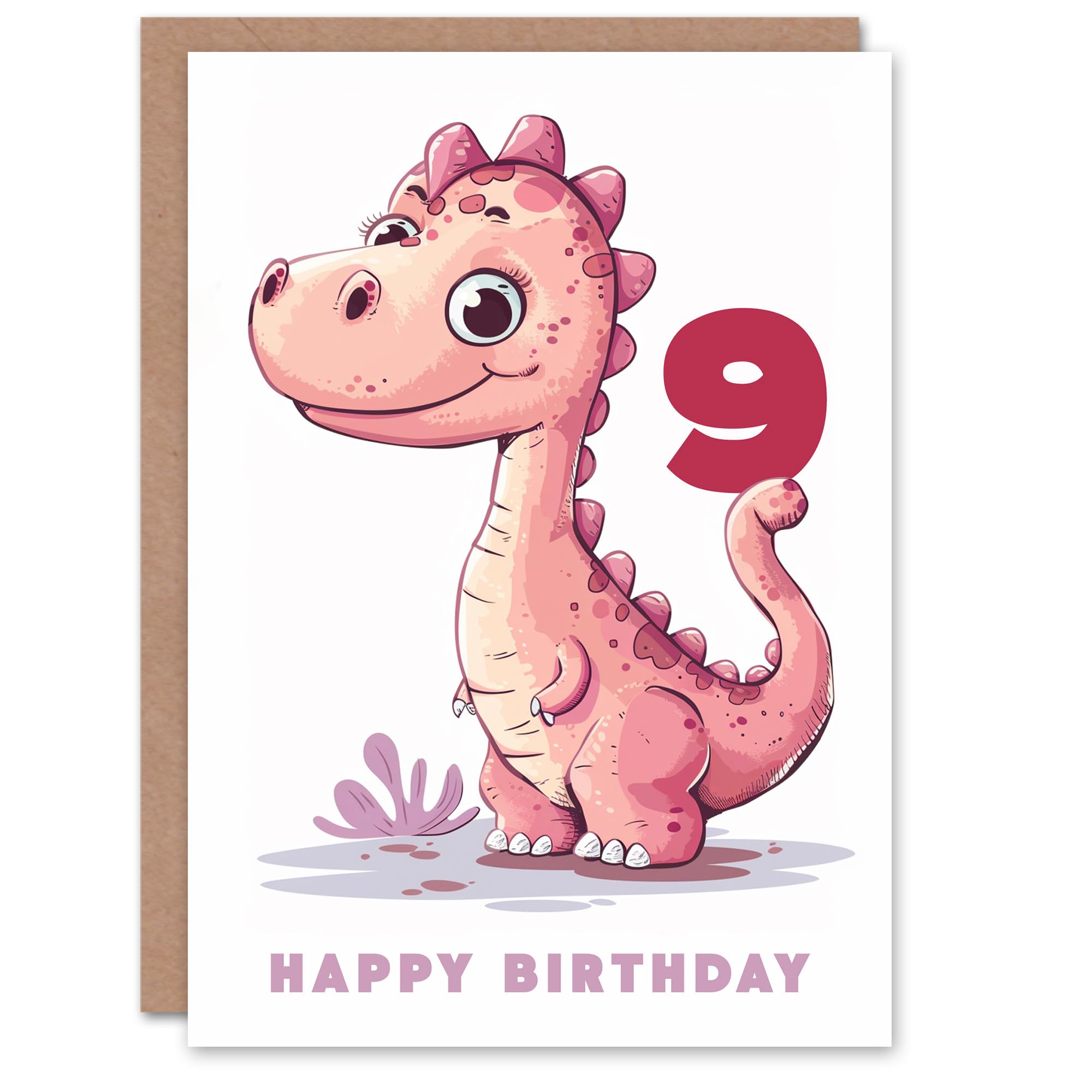 Artery8 9th Birthday Card Cute Pink Baby Dinosaur Cartoon Kids Age 9 Year Old Child For Son Daughter Girl Boy Happy Card