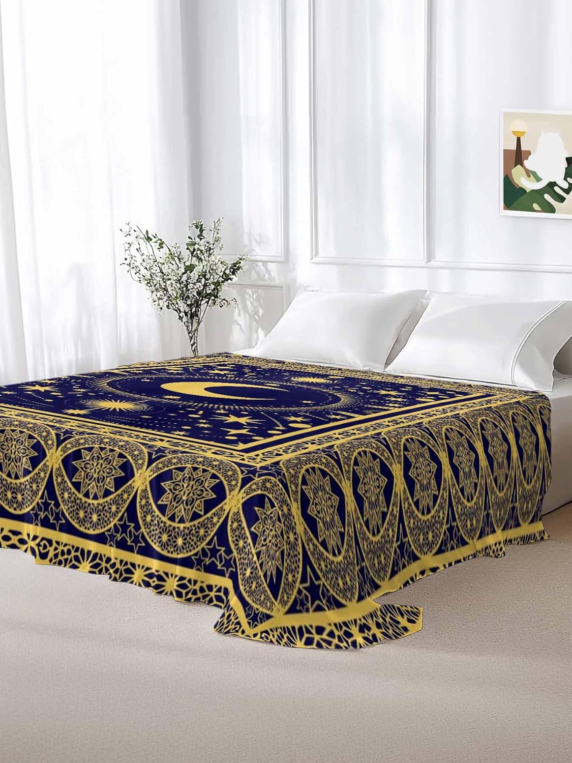 King Flat Sheet Only Bed Sheets Yellow Moon Star Dark Blue Microfiber Breathable Bedding Flat Sheet, Traditional Ethnic Style Soft Top Sheets for Bedroom Living Room Sofa