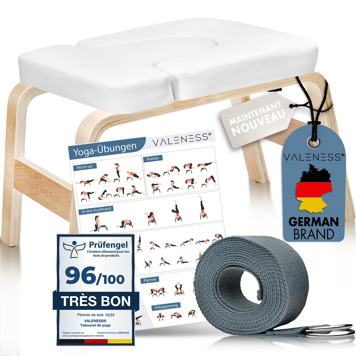 VALENESS® Tabouret de Yoga Poirier - Chaise de Yoga de Qualité Supérieure avec Sangle Yoga, Bloc Yoga et Poster Exercice - Chaise de Yoga pour Exercices de Poirier en Bois - Equipement Yoga Maison